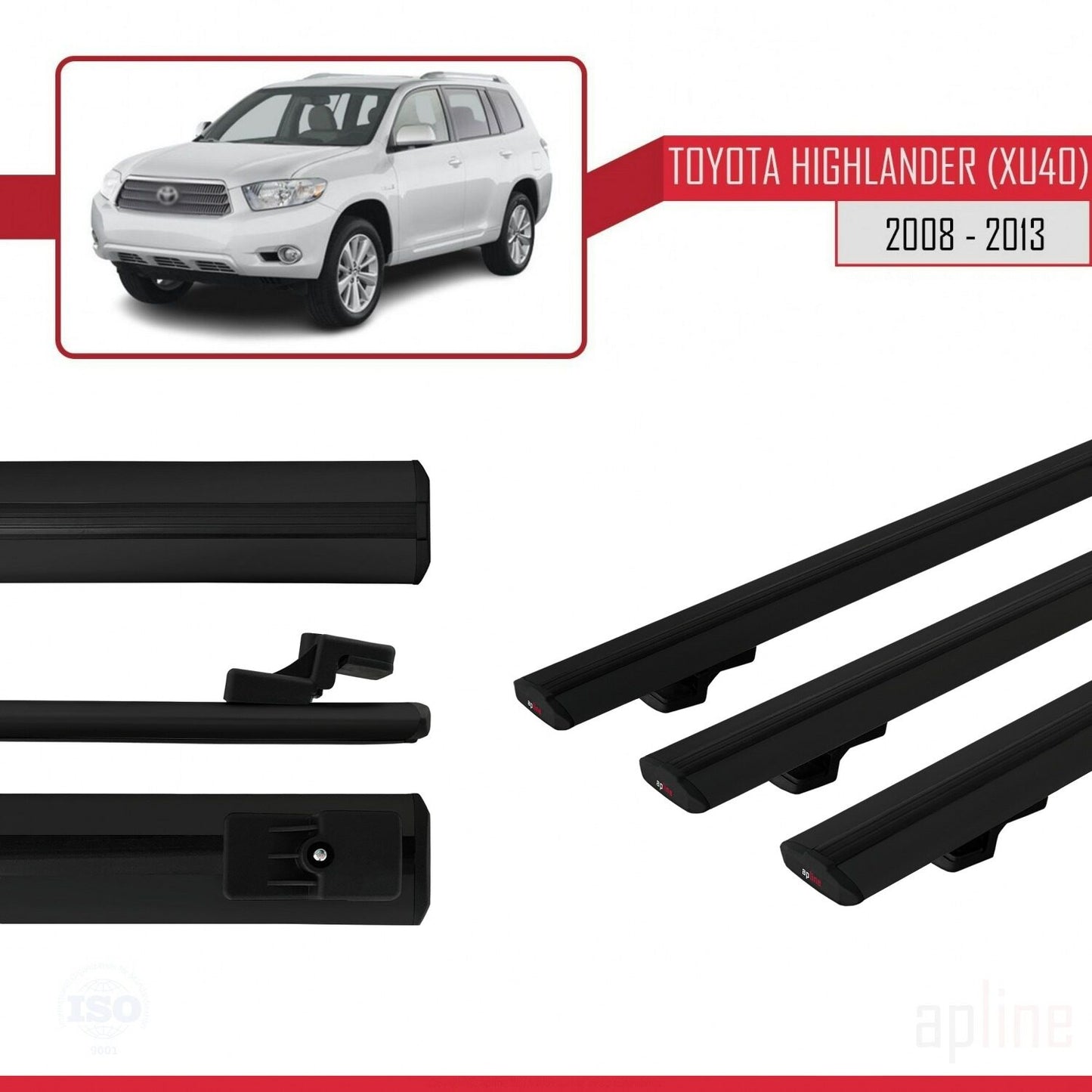 Compatible avec Toyota Highlander (XU40) 2008-2013 BASIC Model Barres de Toit Railing Porte-Bagages de Voiture Noir Aluminium 3 Barres