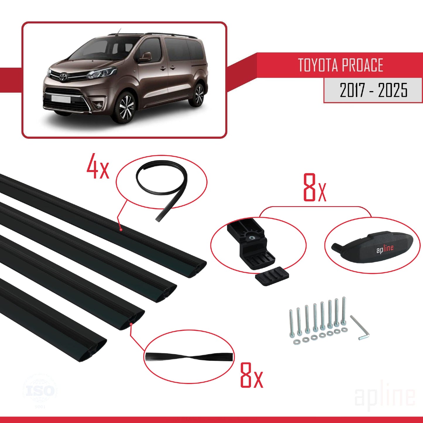 Compatible avec Toyota Proace 2017-2025 BASIC Model Barres de Toit Railing Porte-Bagages de Voiture Noir Aluminium 4 Barres