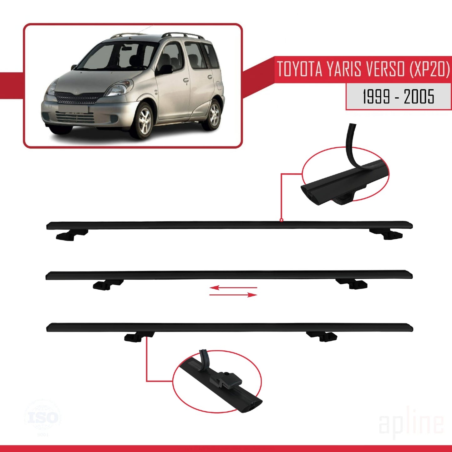 Compatible avec Toyota Yaris Verso (XP20) 1999-2005 BASIC Model Barres de Toit Railing Porte-Bagages de Voiture Noir Aluminium 3 Barres