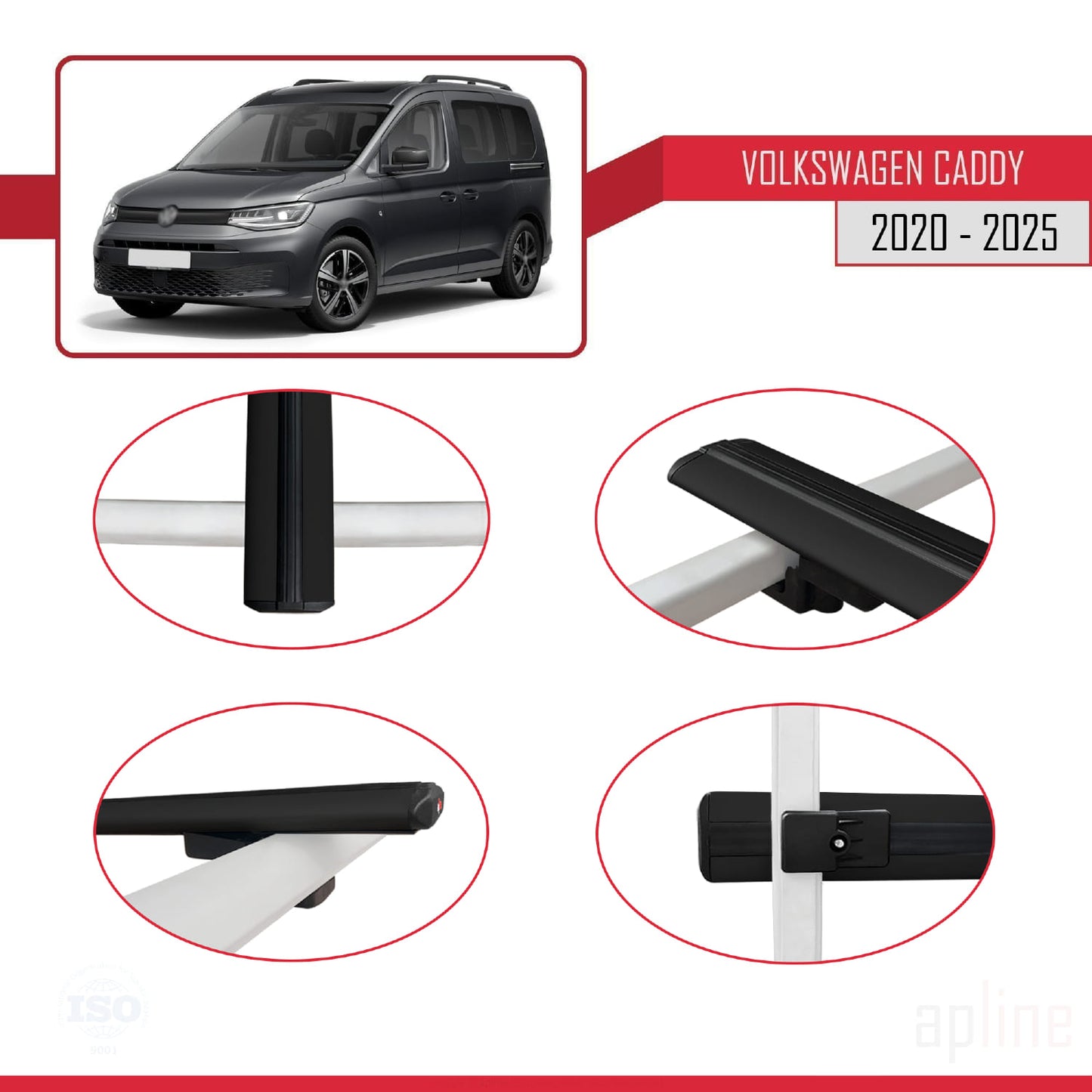 Compatible avec Volkswagen Caddy 4 (SB) 2020-2025 BASIC Model Barres de Toit Railing Porte-Bagages de Voiture Noir Aluminium 4 Barres