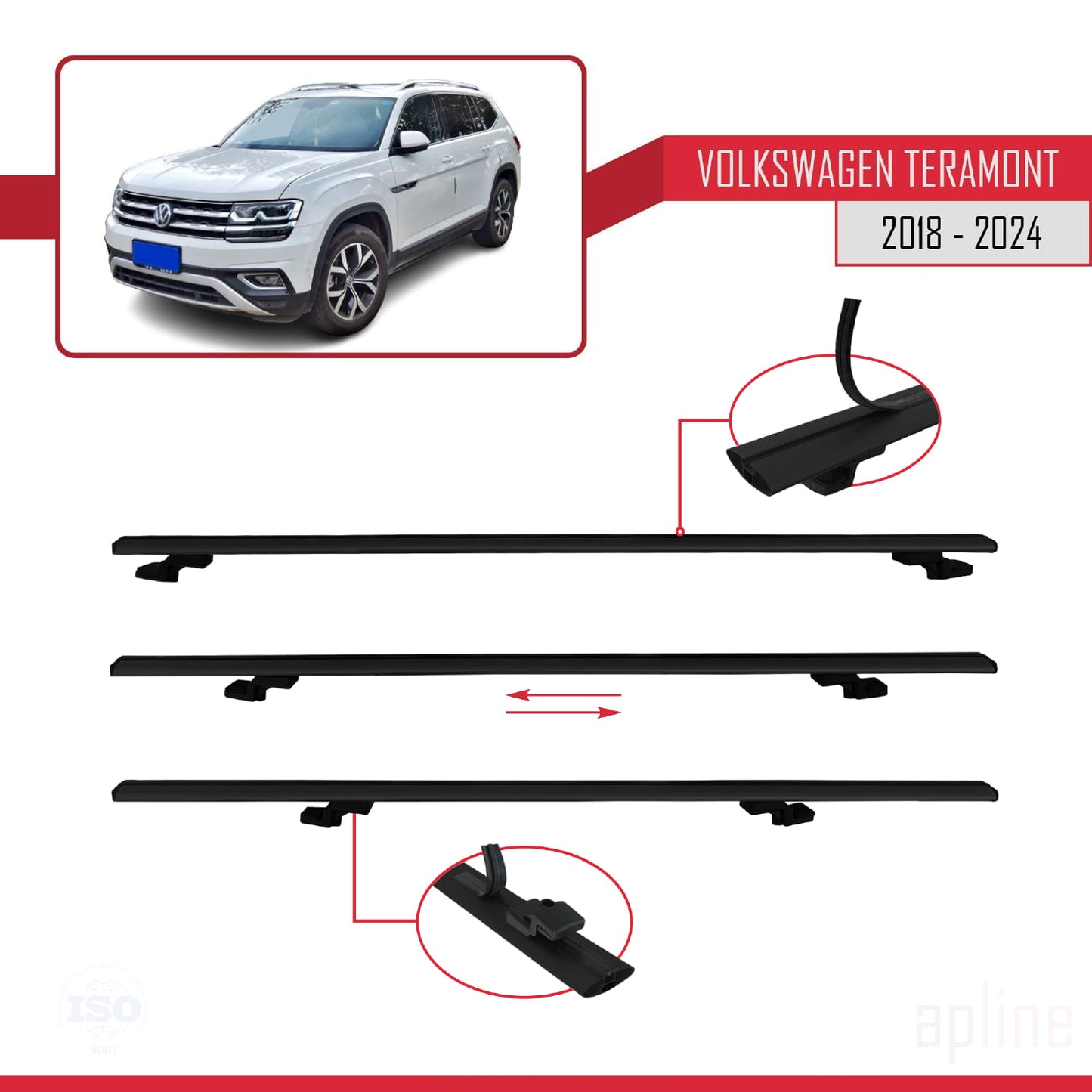 Compatible avec Volkswagen Teramont (CA1) 2018-2024 BASIC Model Barres de Toit Railing Porte-Bagages de Voiture Noir Aluminium 2 Barres