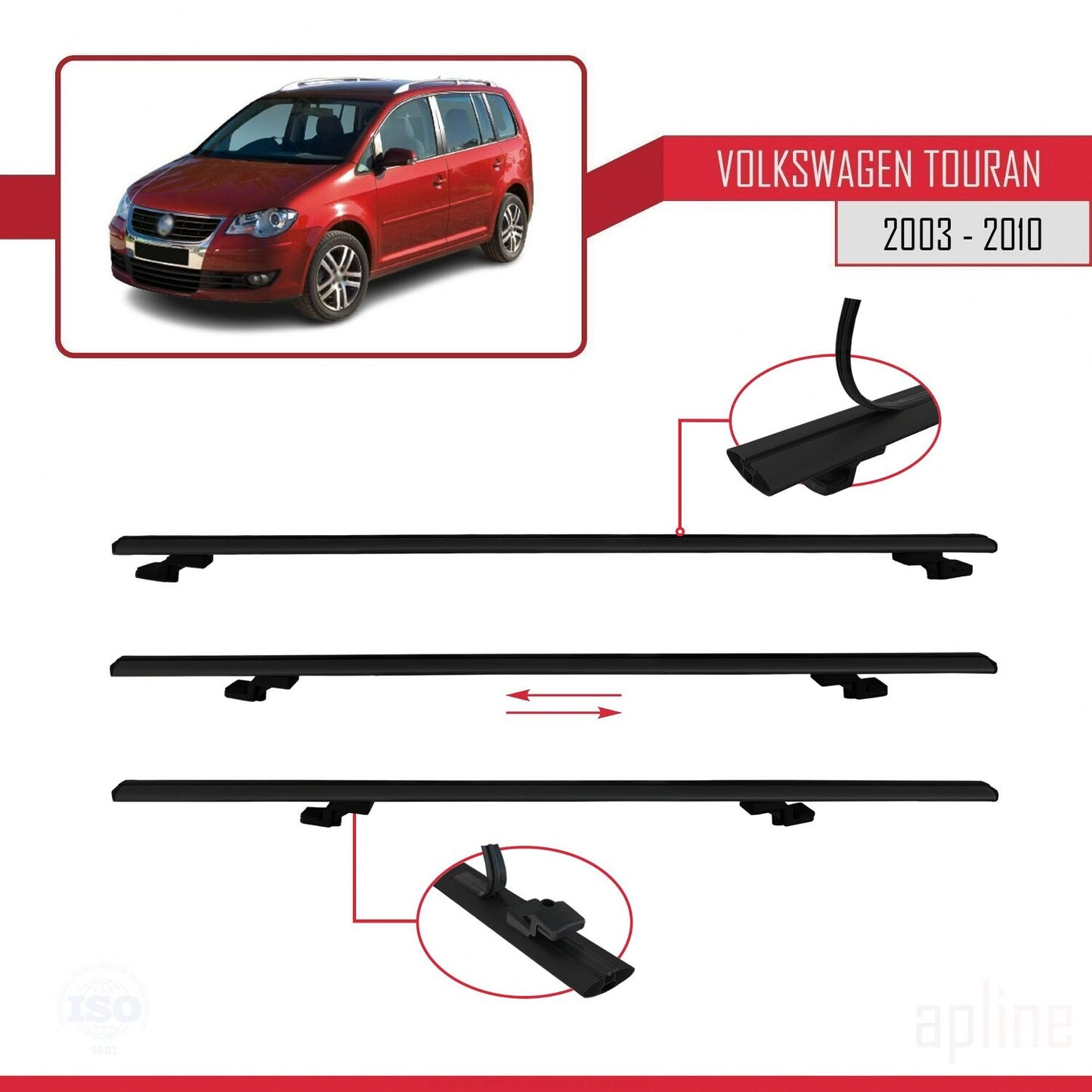 Compatible avec Volkswagen Touran (1T) Pre-Facelift 2003-2010 BASIC Model Barres de Toit Railing Porte-Bagages de Voiture Noir Aluminium 3 Barres