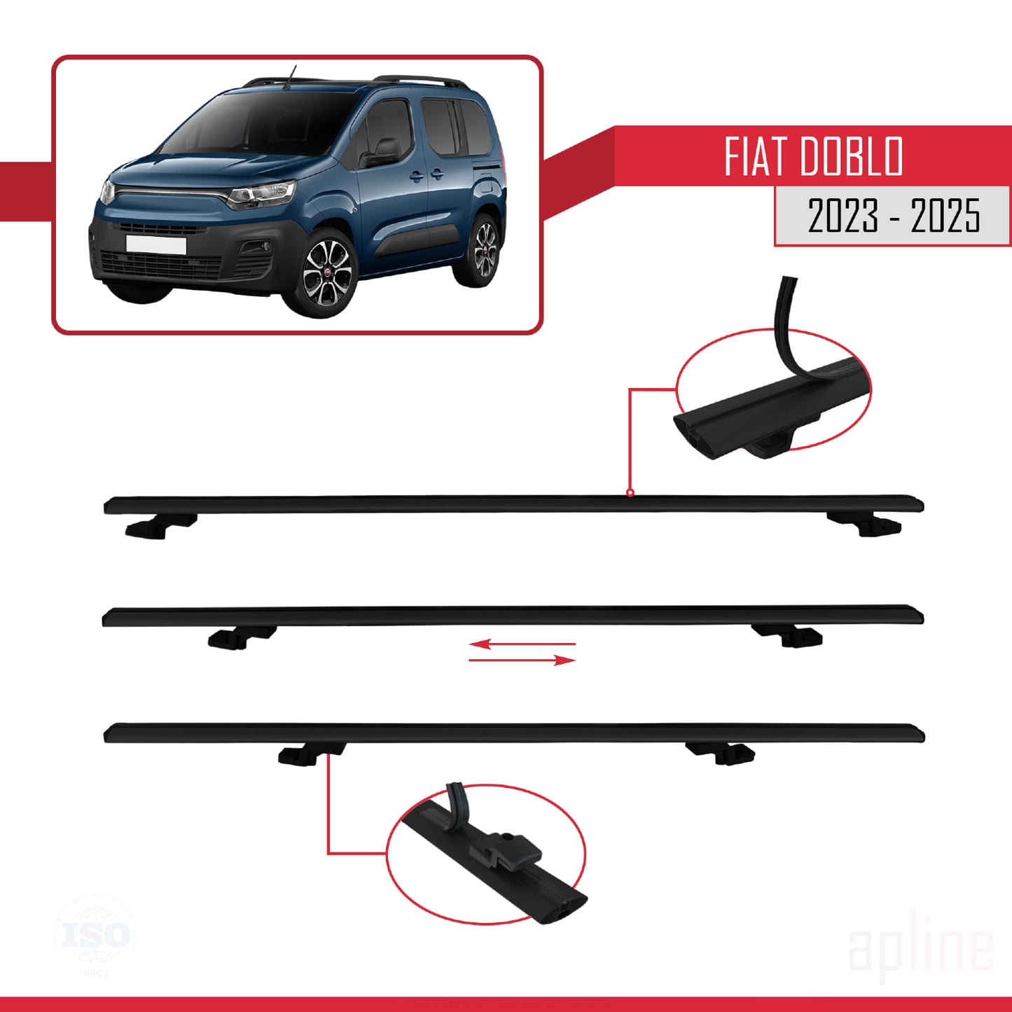 Compatible avec Fiat Doblo 3 2023-2025 BASIC Model Barres de Toit Railing Porte-Bagages de Voiture Noir Aluminium 4 Barres