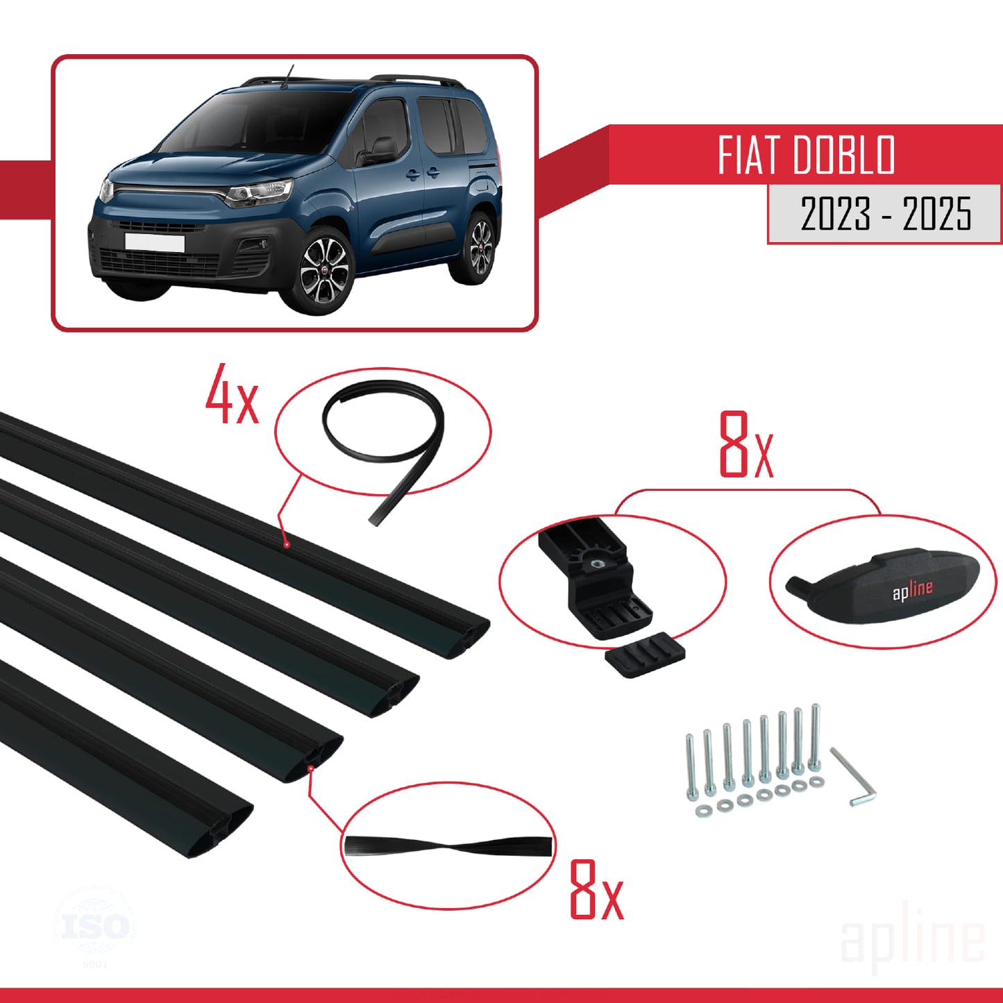 Compatible avec Fiat Doblo 3 2023-2025 BASIC Model Barres de Toit Railing Porte-Bagages de Voiture Noir Aluminium 4 Barres