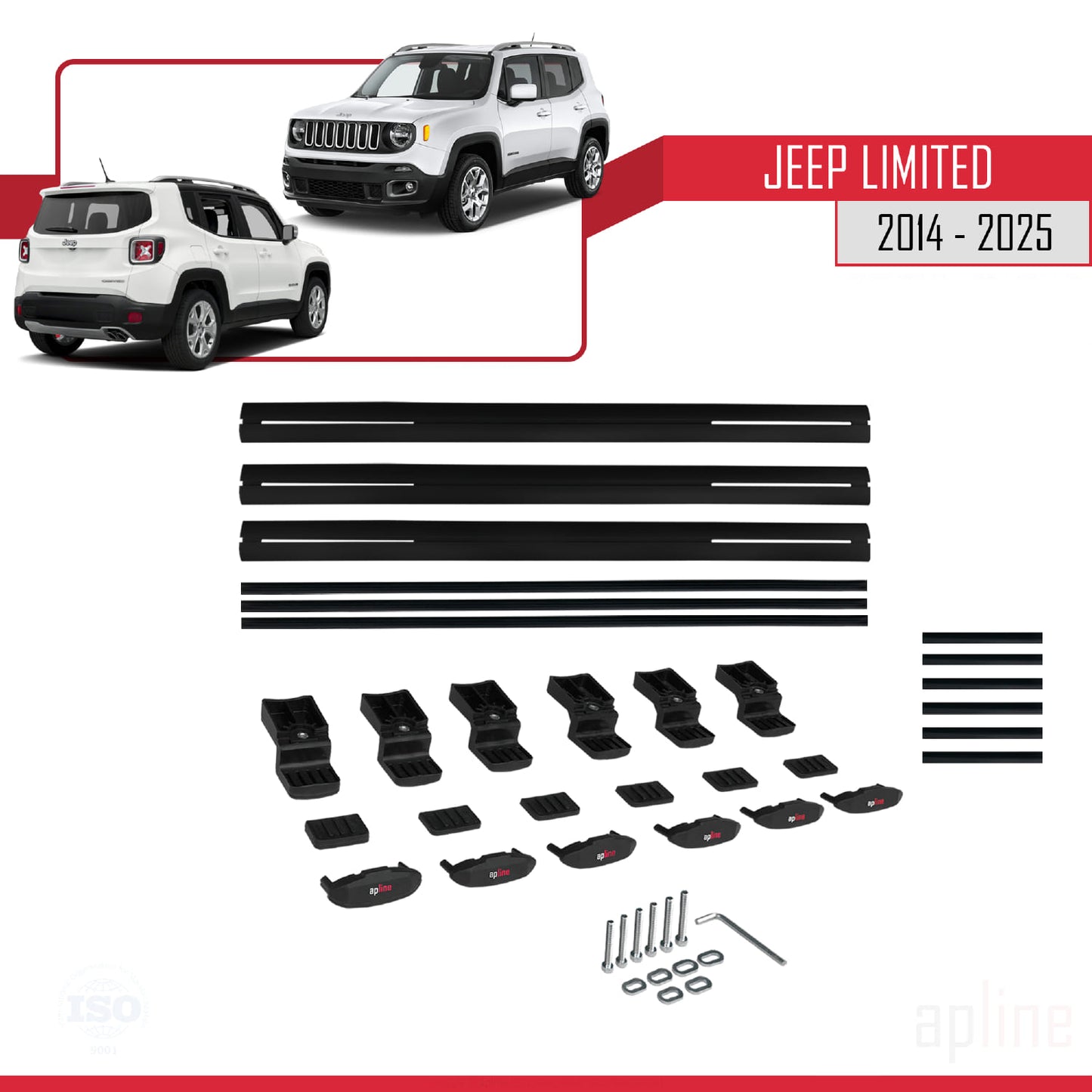 Compatible avec Jeep Limited 2014-2025 BASIC Model Barres de Toit Railing Porte-Bagages de Voiture Noir Aluminium 3 Barres