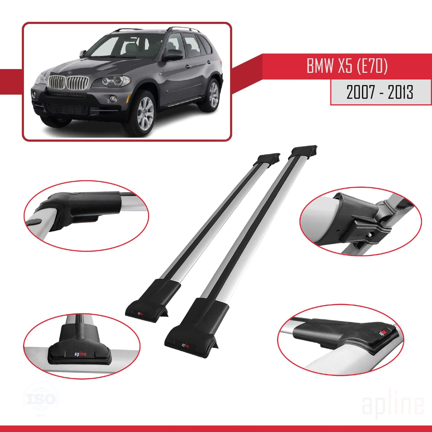 Compatible avec BMW X5 (E70) 2007-2013 FLY Model Barres de Toit Railing Porte-Bagages de Voiture Gris Aluminium 2 Barres