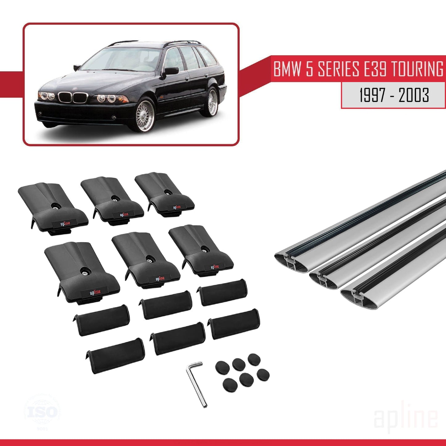 Compatible avec BMW Série 5 (E39) Touring 1997-2003 FLY Model Barres de Toit Railing Porte-Bagages de Voiture Gris Aluminium 3 Barres