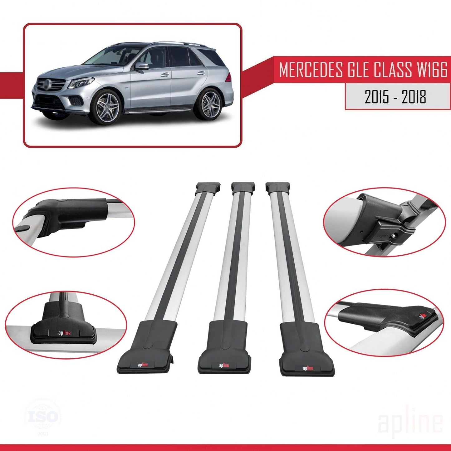 Compatible avec Mercedes Classe GLE 3 (W166) 2015-2018 FLY Model Barres de Toit Railing Porte-Bagages de Voiture Gris Aluminium 3 Barres