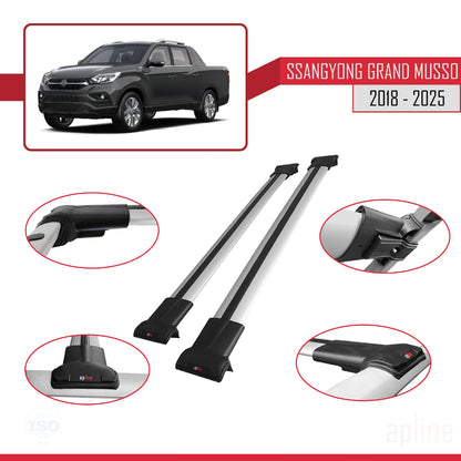 Compatible avec Ssangyong Grand Musso 2018-2025 FLY Model Barres de Toit Railing Porte-Bagages de Voiture Gris Aluminium 2 Barres
