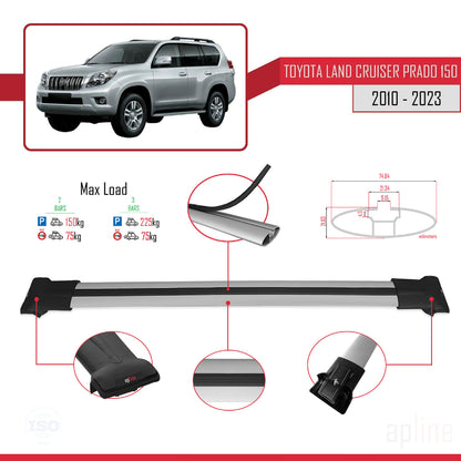 Compatible avec Toyota Land Cruiser Prado (J150) 2010-2023 FLY Model Barres de Toit Railing Porte-Bagages de Voiture Gris Aluminium 2 Barres