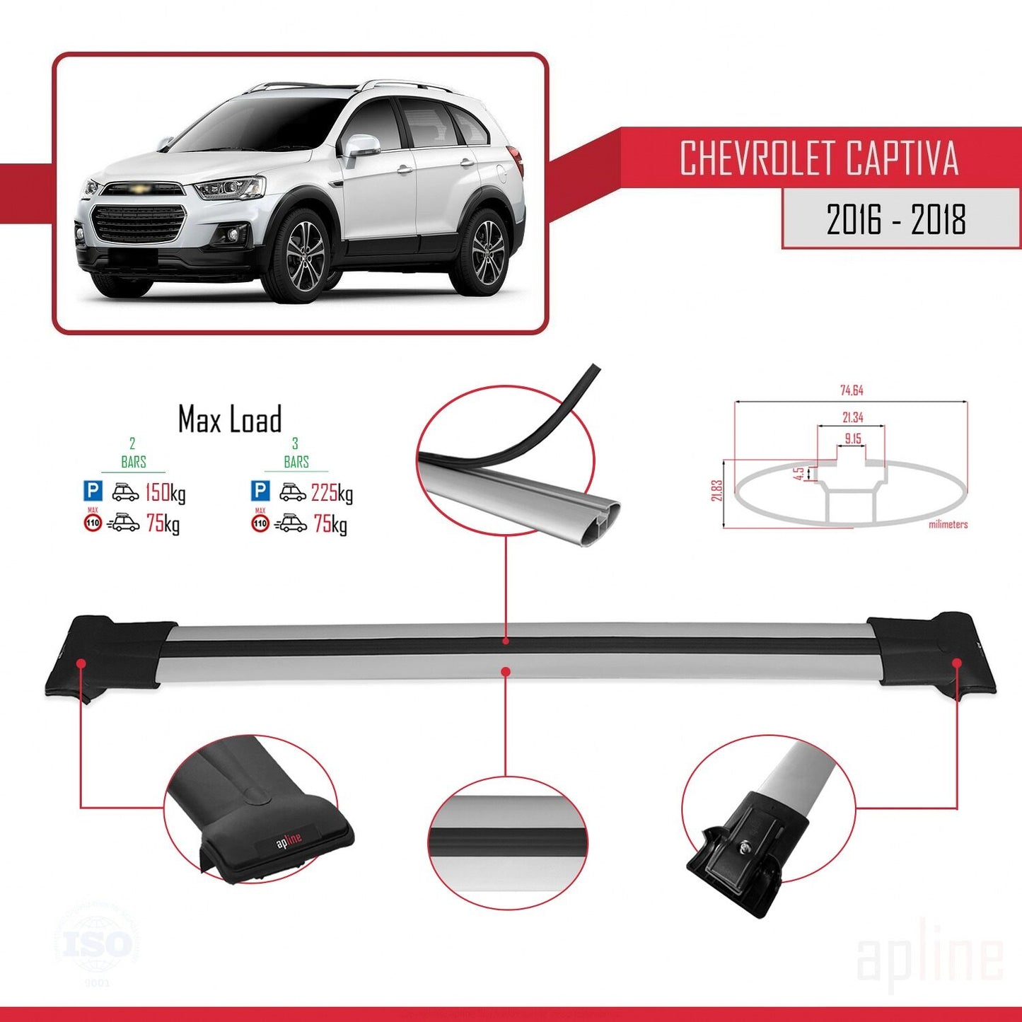 Compatible avec Chevrolet Captiva 2016-2018 FLY Model Barres de Toit Railing Porte-Bagages de Voiture Gris Aluminium 2 Barres