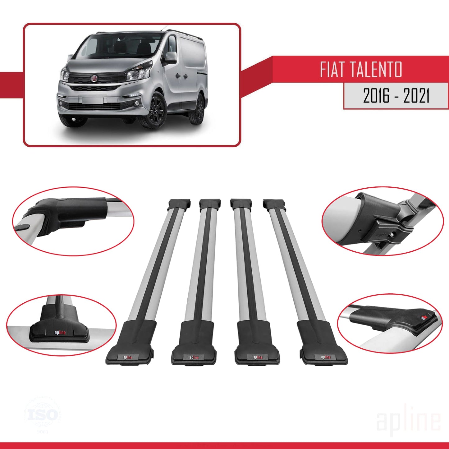 Compatible avec Fiat Talento 2016-2021 FLY Model Barres de Toit Railing Porte-Bagages de Voiture Gris Aluminium 4 Barres