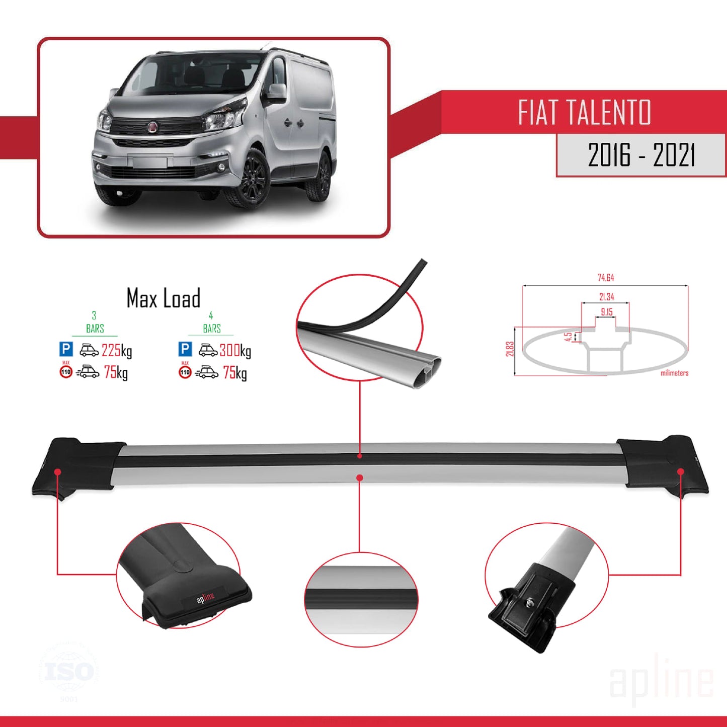 Compatible avec Fiat Talento 2016-2021 FLY Model Barres de Toit Railing Porte-Bagages de Voiture Gris Aluminium 4 Barres