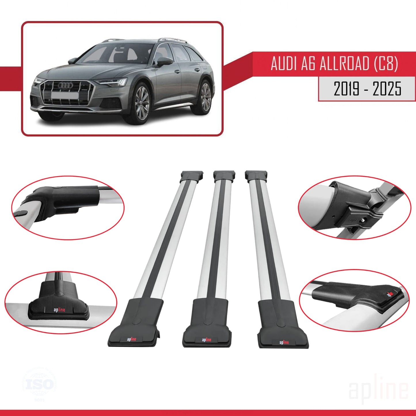 Compatible avec A6 (C8) Allroad 2019-2025 FLY Model Barres de Toit Railing Porte-Bagages de Voiture Gris Aluminium 3 Barres