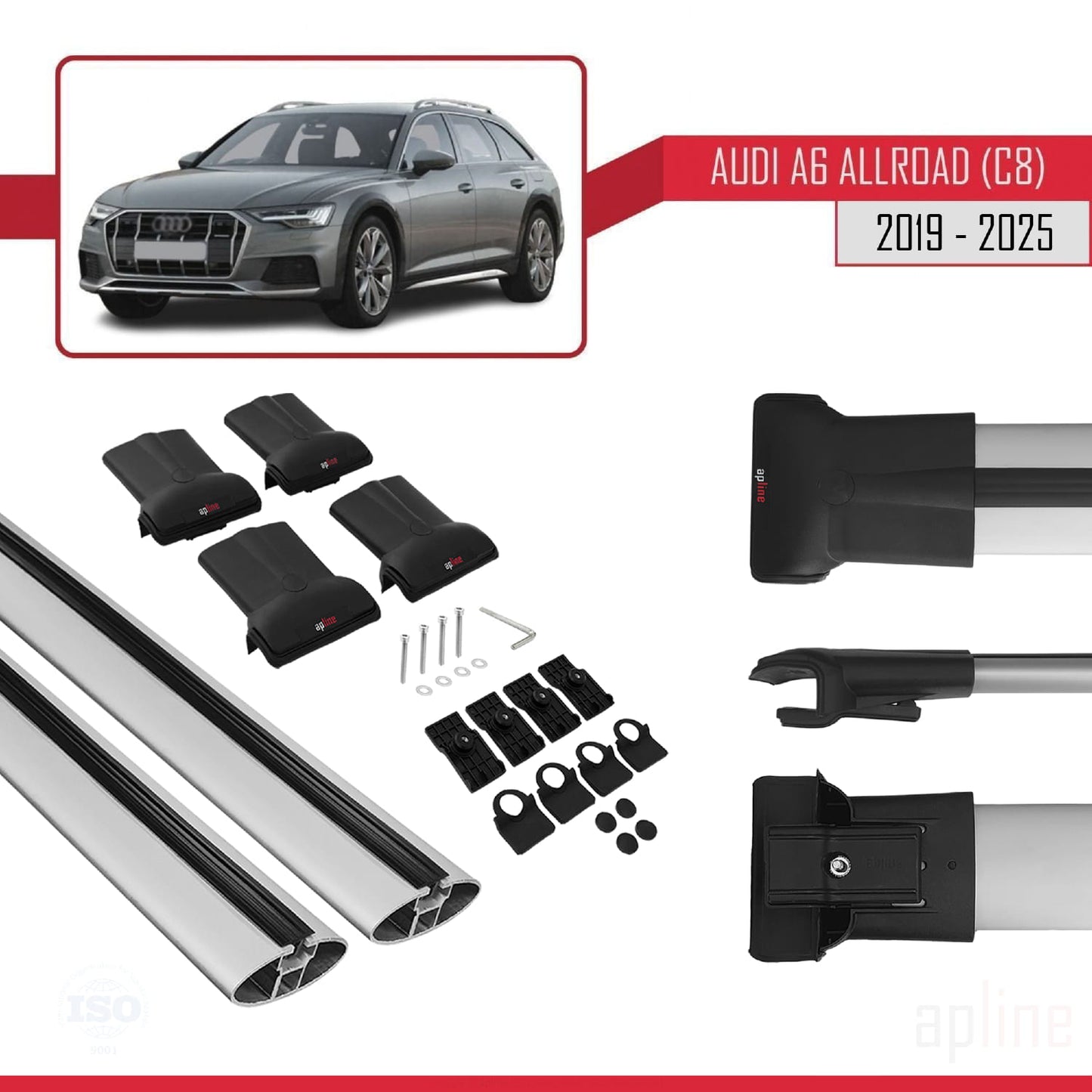 Compatible avec A6 (C8) Allroad 2019-2025 FLY Model Barres de Toit Railing Porte-Bagages de Voiture Gris Aluminium 2 Barres