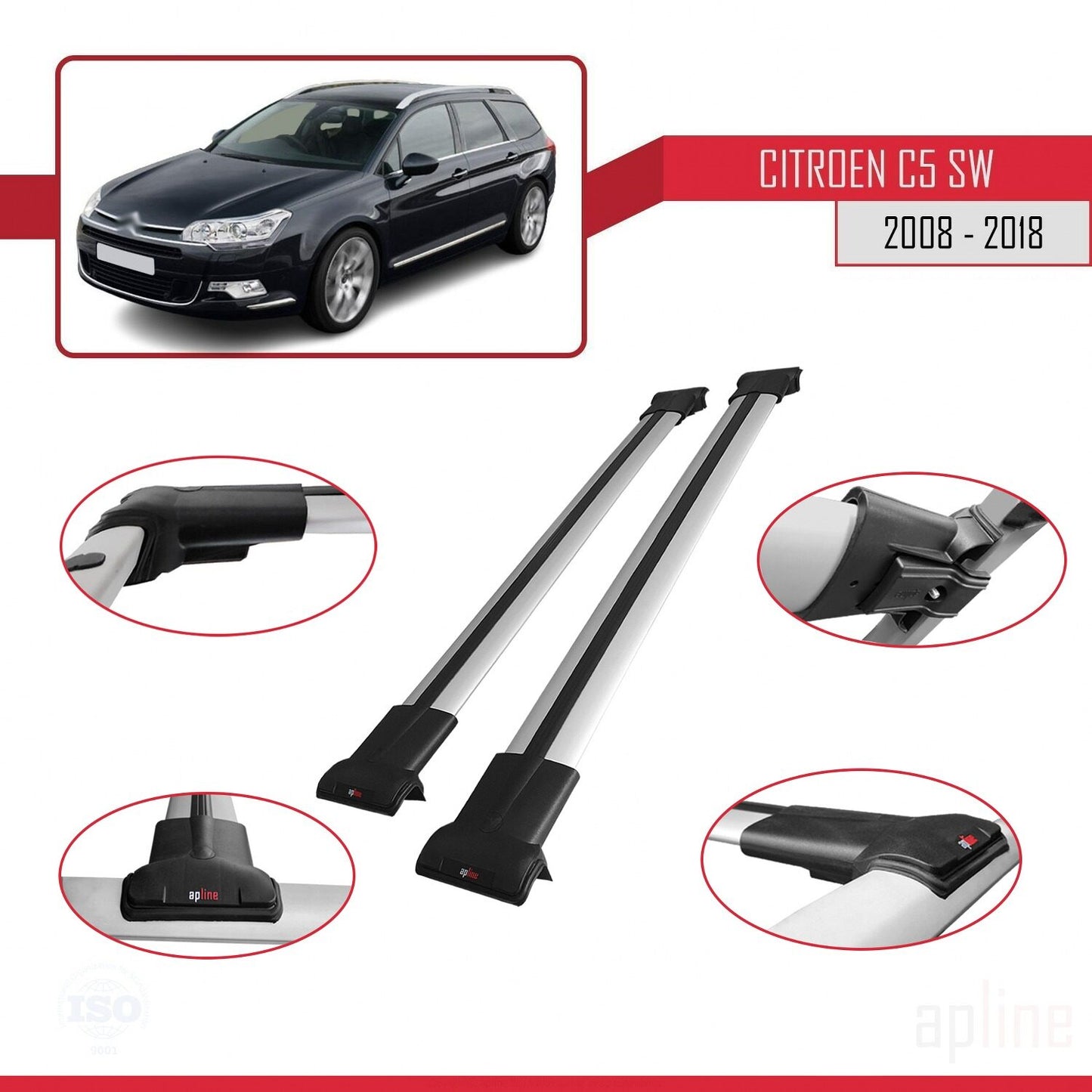 Compatible avec Citroen C5 II Tourer 2008-2018 FLY Model Barres de Toit Railing Porte-Bagages de Voiture Gris Aluminium 2 Barres