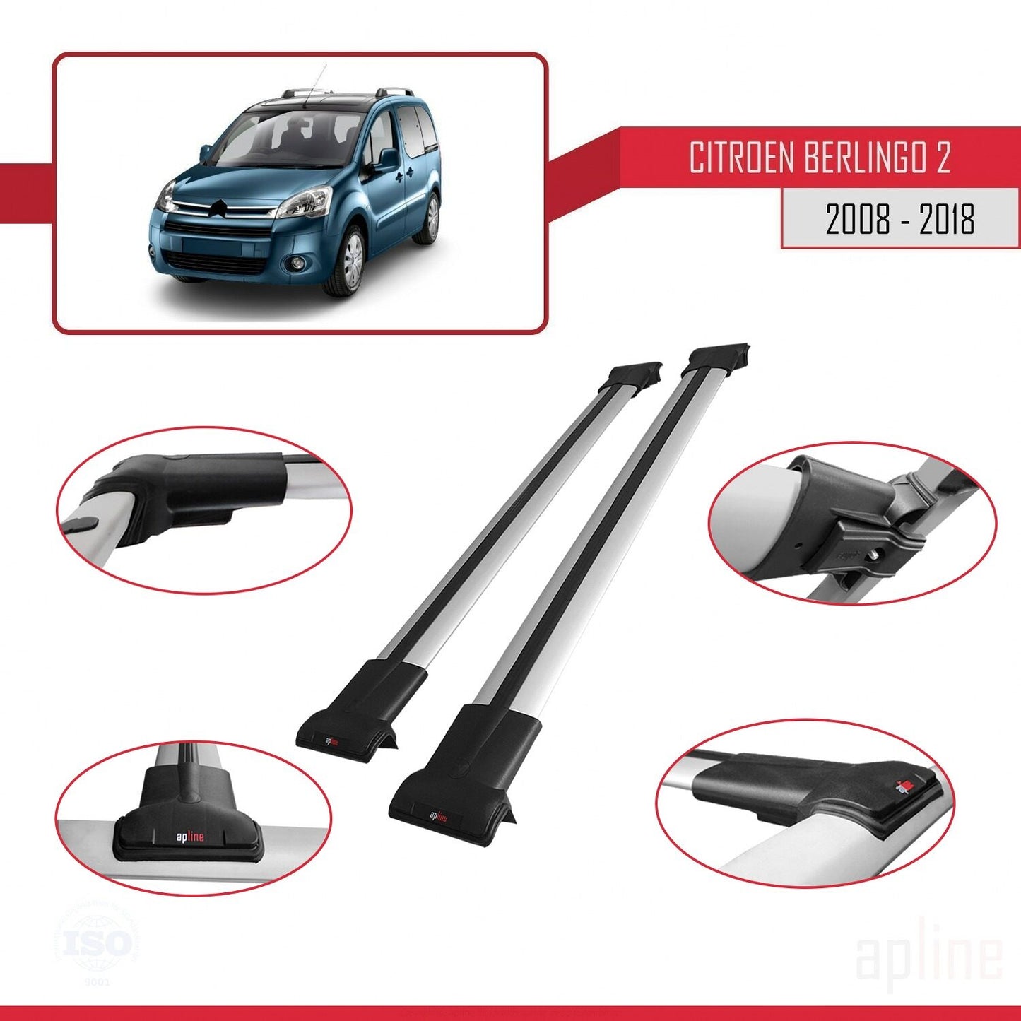 Compatible avec Citroen Berlingo 2 (B9) 2008-2018 FLY Model Barres de Toit Railing Porte-Bagages de Voiture Gris Aluminium 2 Barres