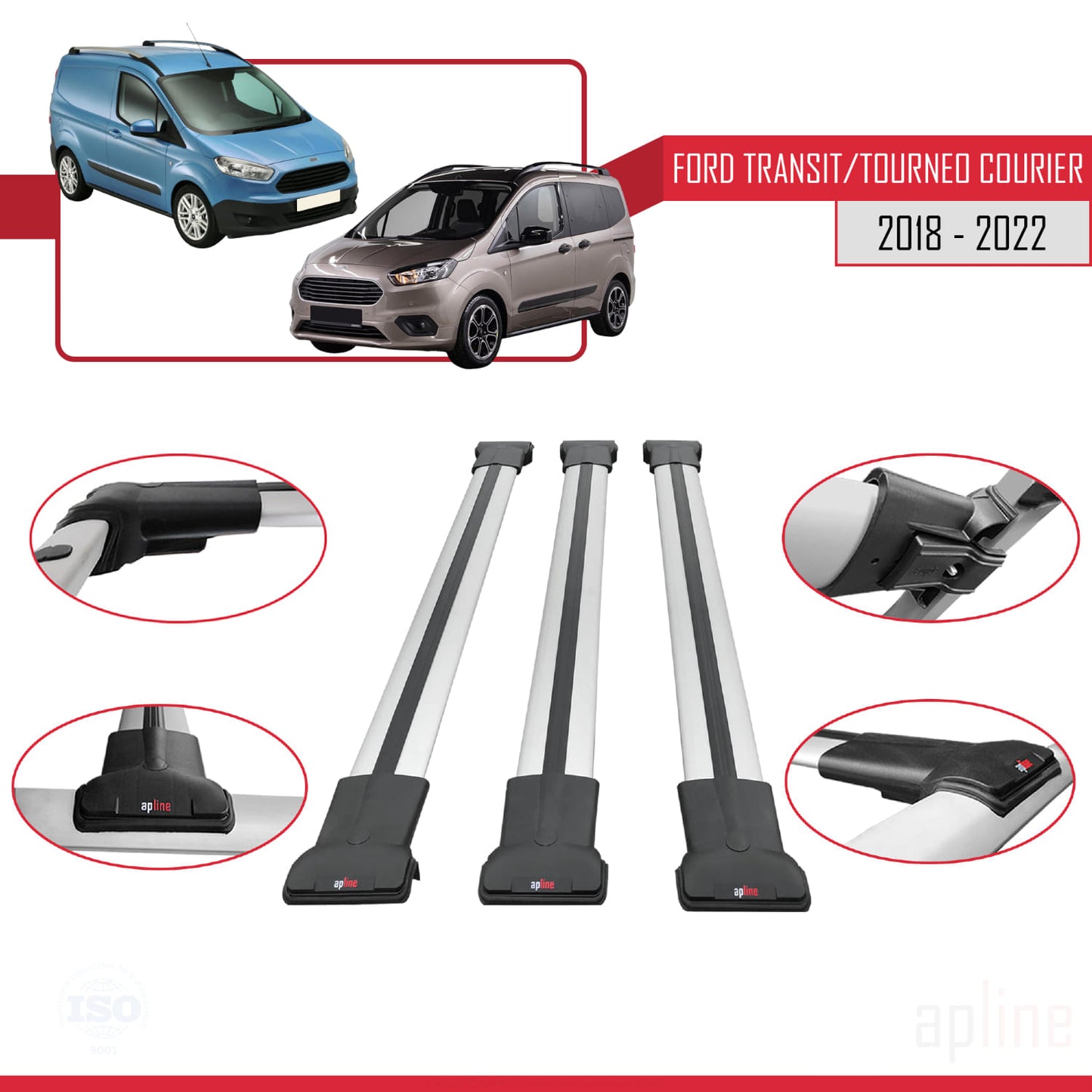 Compatible avec Ford Transit/Tourneo Courier Post-Facelift 2018-2022 FLY Model Barres de Toit Railing Porte-Bagages de Voiture Gris Aluminium 3 Barres