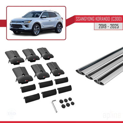 Compatible avec Ssangyong Korando 4 (C300) 2019-2025 FLY Model Barres de Toit Railing Porte-Bagages de Voiture Gris Aluminium 3 Barres