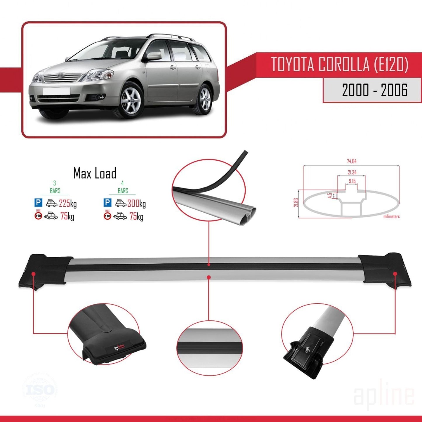 Compatible avec Toyota Corolla 9 (E120) Break 2000-2006 FLY Model Barres de Toit Railing Porte-Bagages de Voiture Gris Aluminium 3 Barres