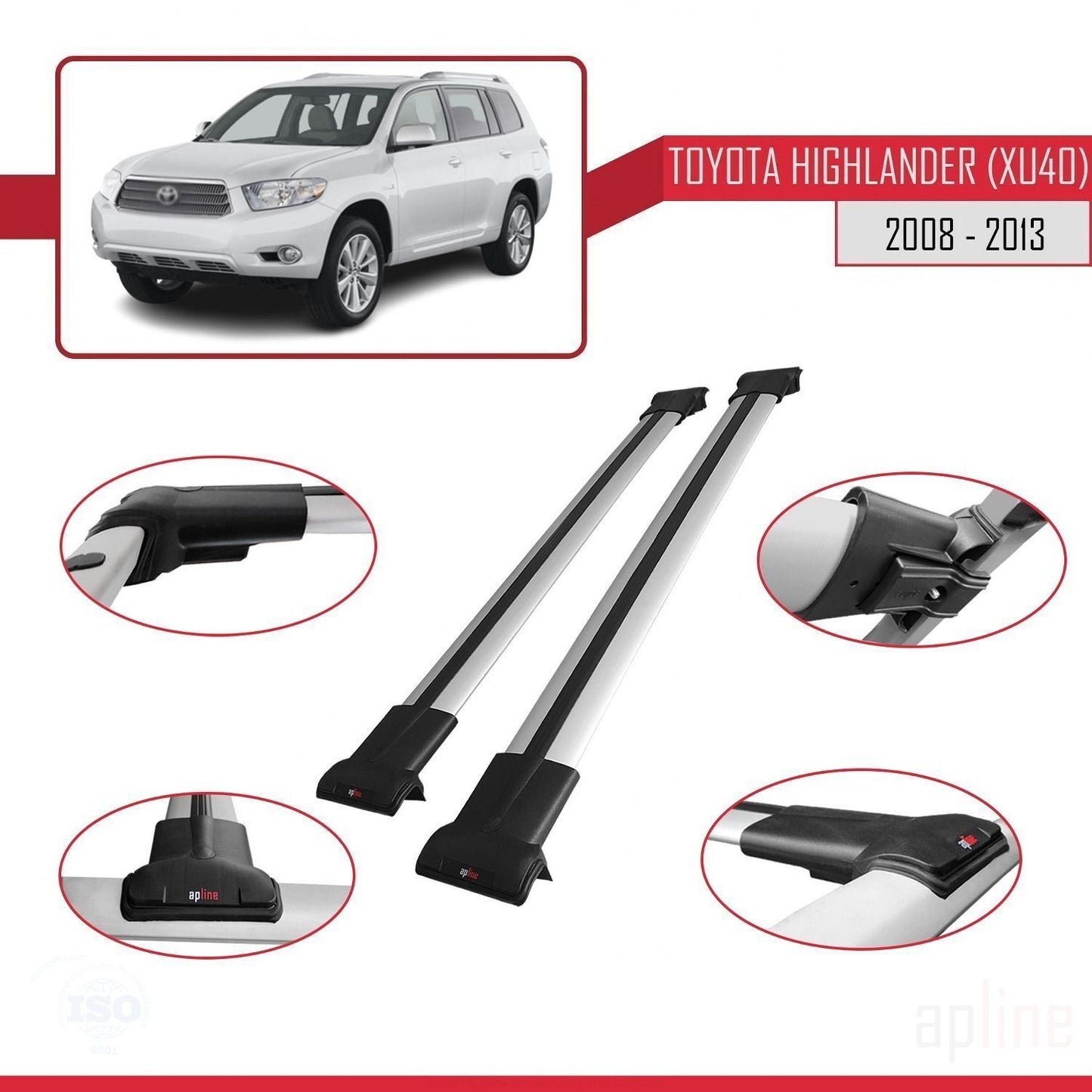 Compatible avec Toyota Highlander (XU40) 2008-2013 FLY Model Barres de Toit Railing Porte-Bagages de Voiture Gris Aluminium 2 Barres