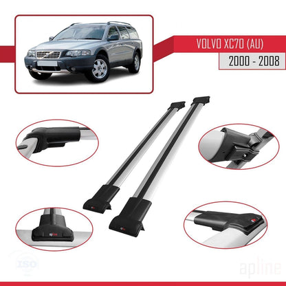 Compatible avec Volvo XC70 (P2) 2000-2007 FLY Model Barres de Toit Railing Porte-Bagages de Voiture Gris Aluminium 2 Barres