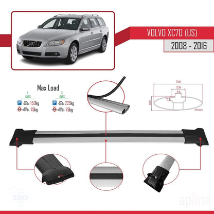 Compatible avec Volvo XC70 II (P24) 2008-2016 FLY Model Barres de Toit Railing Porte-Bagages de Voiture Gris Aluminium 2 Barres