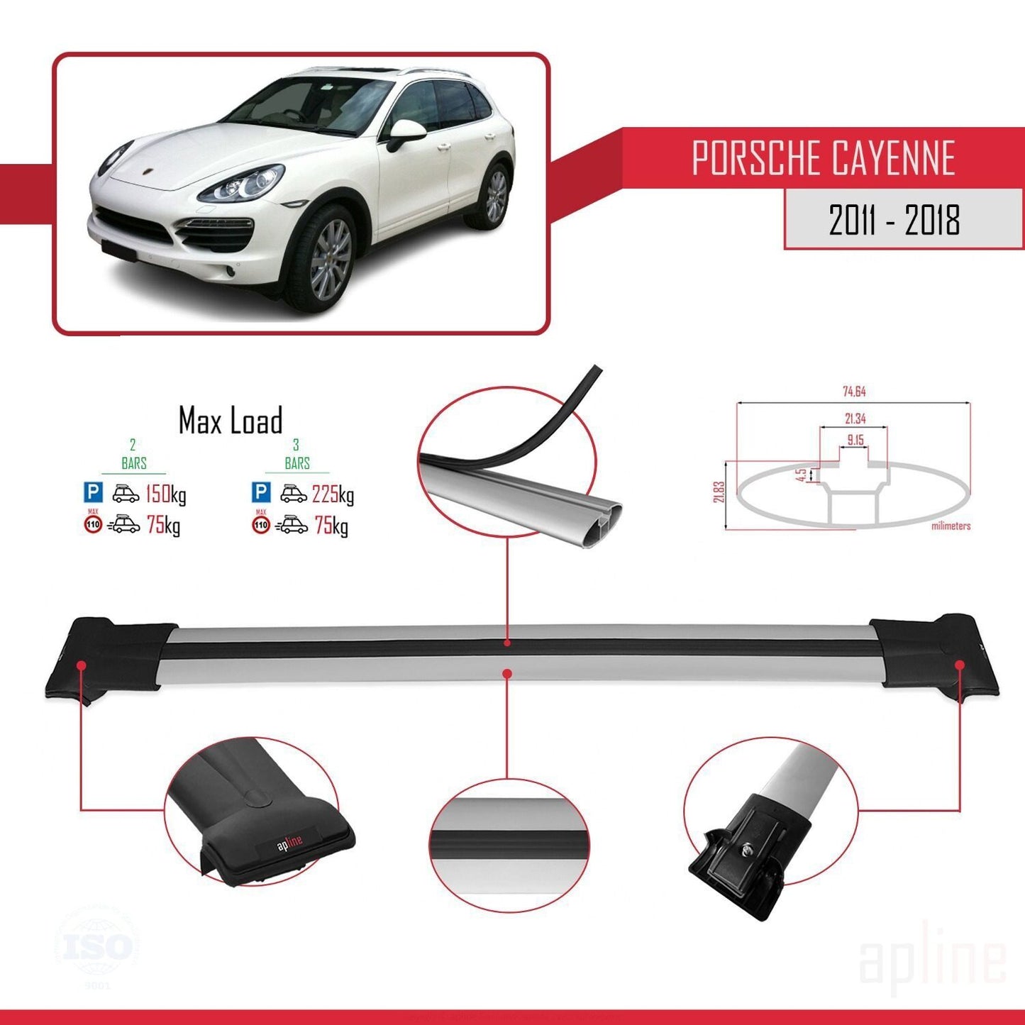 Compatible avec Porsche Cayenne 2 (92A) 2011-2018 FLY Model Barres de Toit Railing Porte-Bagages de Voiture Gris Aluminium 2 Barres