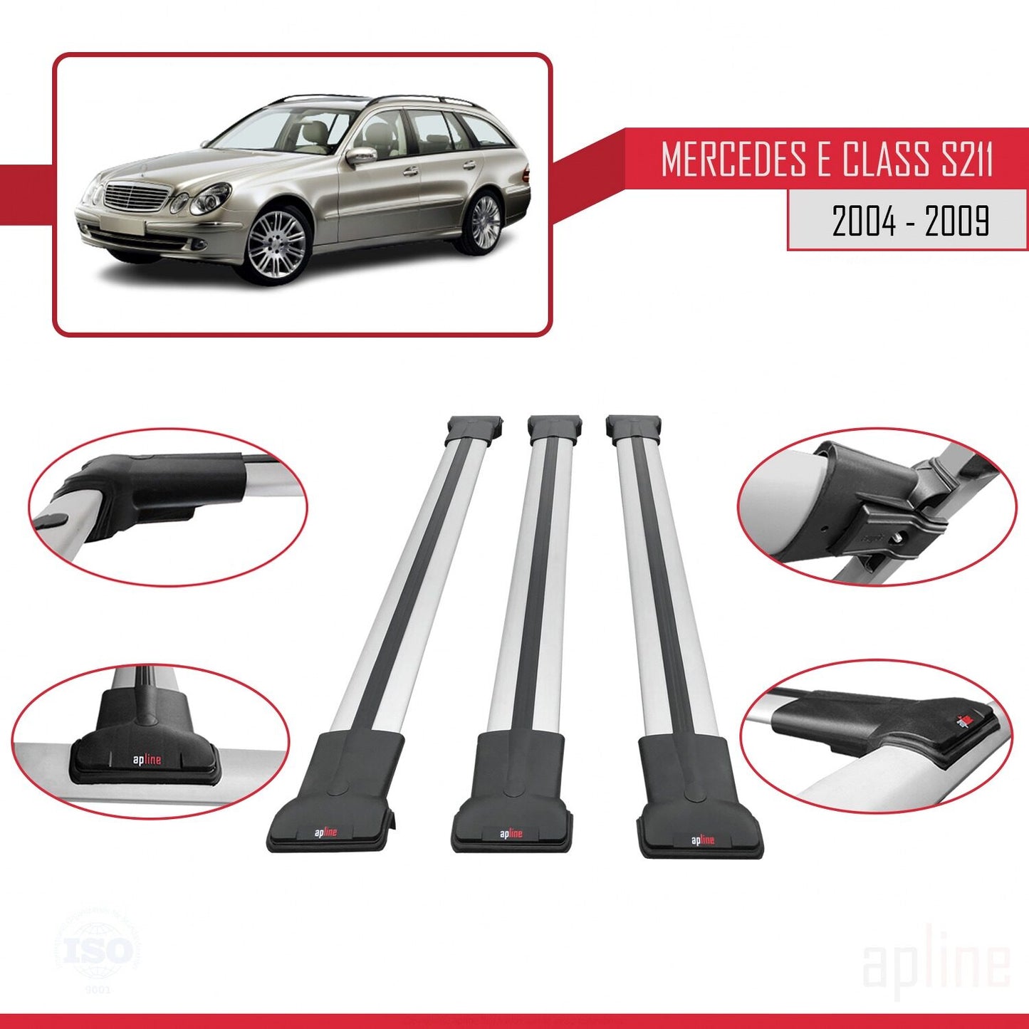Compatible avec Mercedes Classe E 3 (S211) 2004-2009 FLY Model Barres de Toit Railing Porte-Bagages de Voiture Gris Aluminium 3 Barres