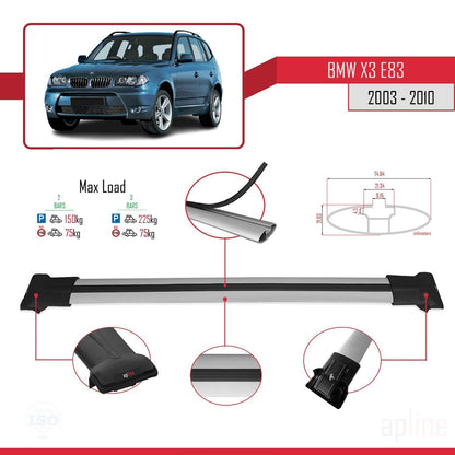 Compatible avec BMW X3 (E83) 2003-2010 FLY Model Barres de Toit Railing Porte-Bagages de Voiture Gris Aluminium 2 Barres