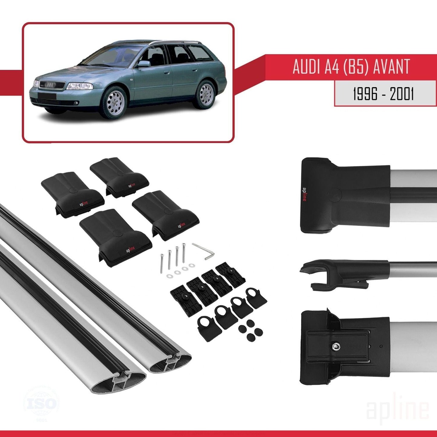 Compatible avec A4 (B5) Avant 1996-2001 FLY Model Barres de Toit Railing Porte-Bagages de Voiture Gris Aluminium 2 Barres