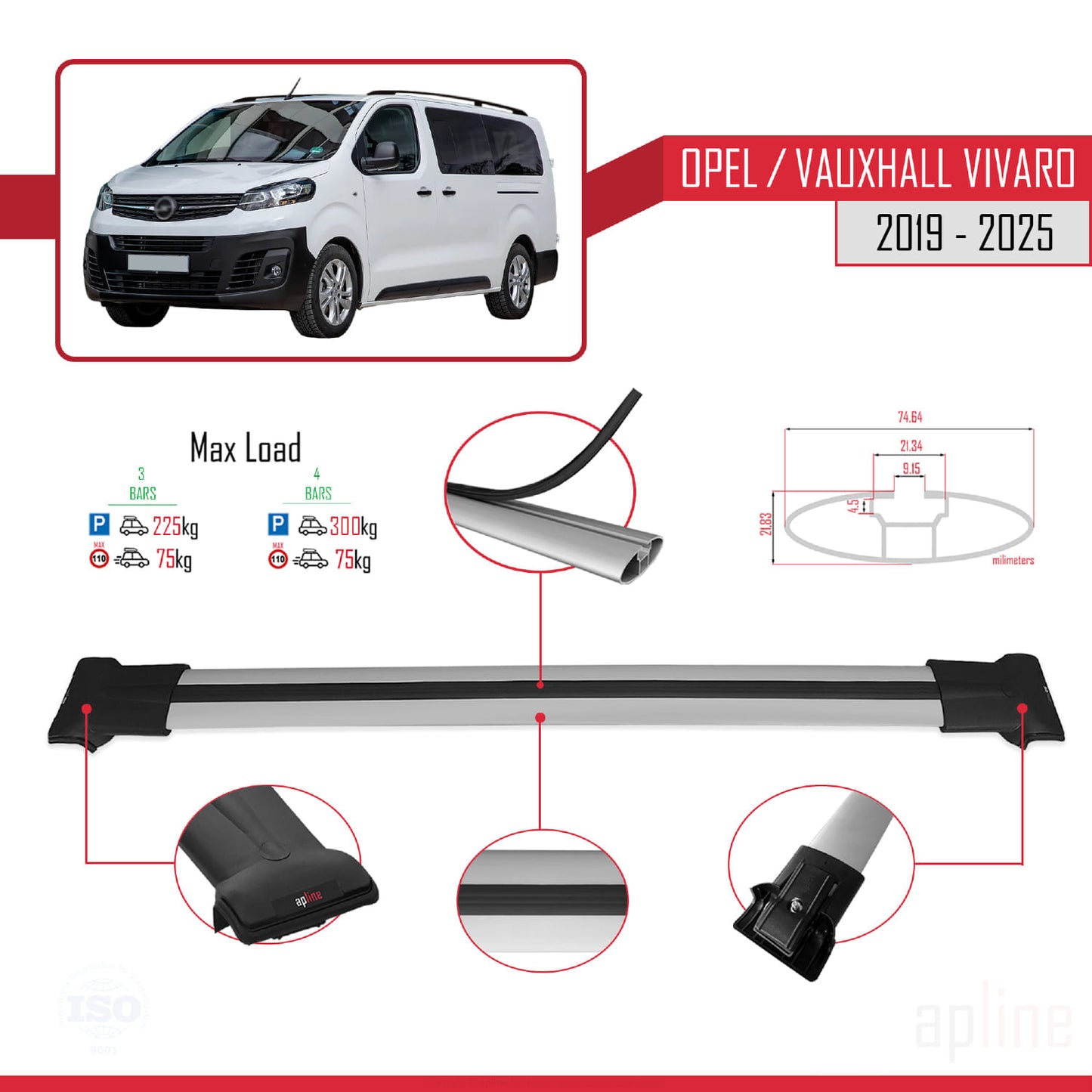 Compatible avec Opel Vivaro C 2019-2025 FLY Model Barres de Toit Railing Porte-Bagages de Voiture Gris Aluminium 3 Barres
