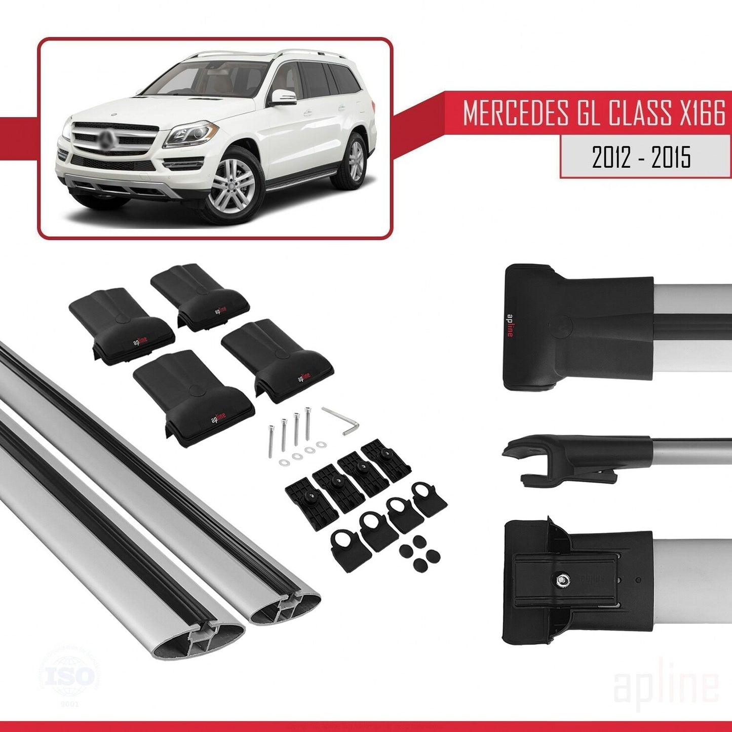 Compatible avec Mercedes Classe GL 2 (X166) Pre-Facelift 2013-2015 FLY Model Barres de Toit Railing Porte-Bagages de Voiture Gris Aluminium 2 Barres