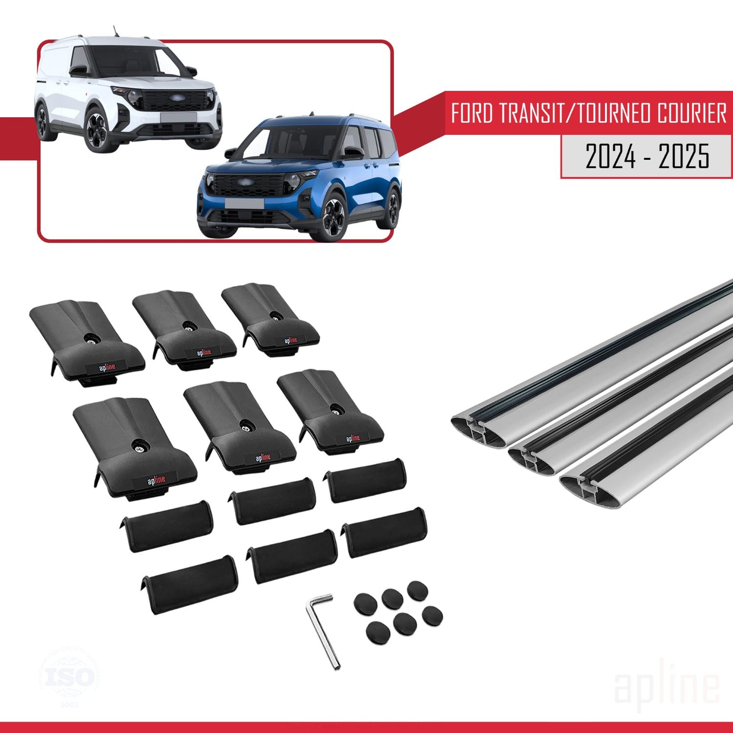 Compatible avec Ford Transit/Tourneo Courier 2024-2025 FLY Model Barres de Toit Railing Porte-Bagages de Voiture Gris Aluminium 3 Barres