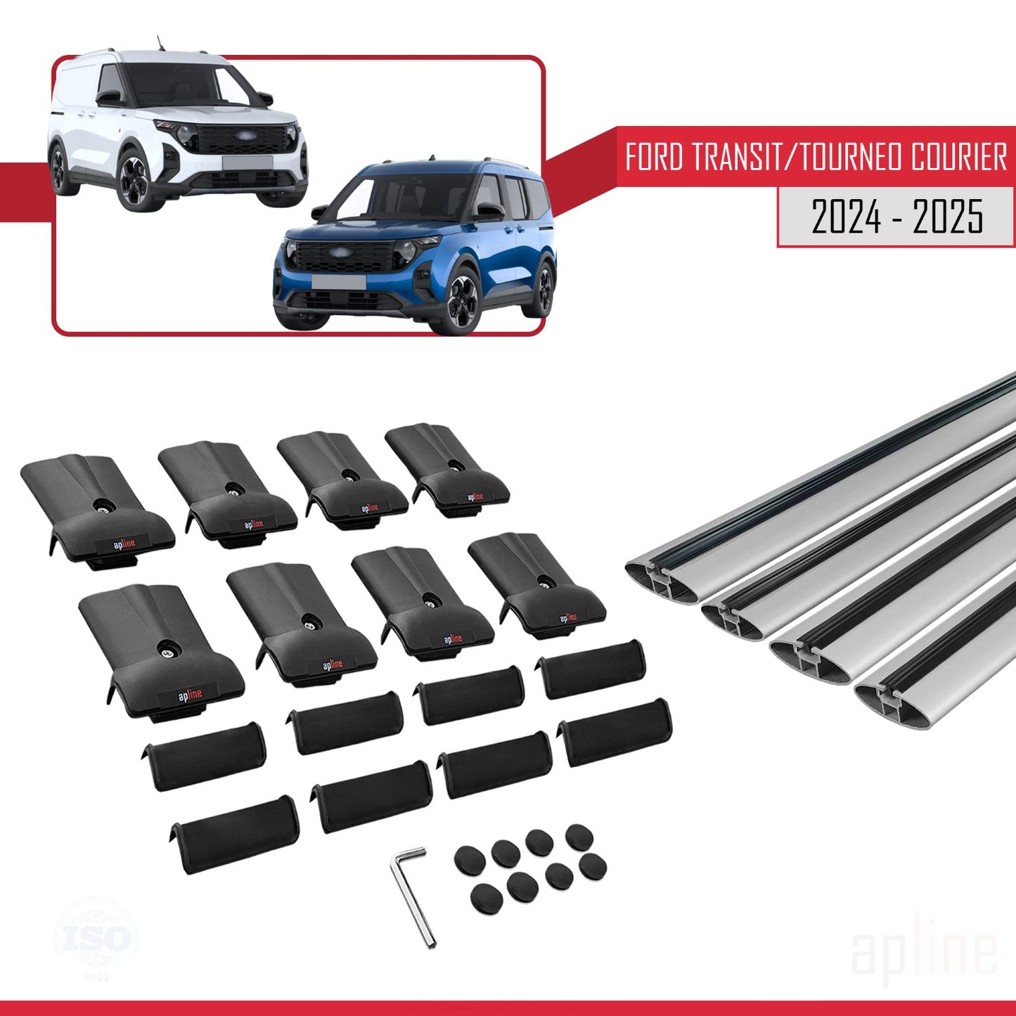 Compatible avec Ford Transit/Tourneo Courier 2024-2025 FLY Model Barres de Toit Railing Porte-Bagages de Voiture Gris Aluminium 4 Barres