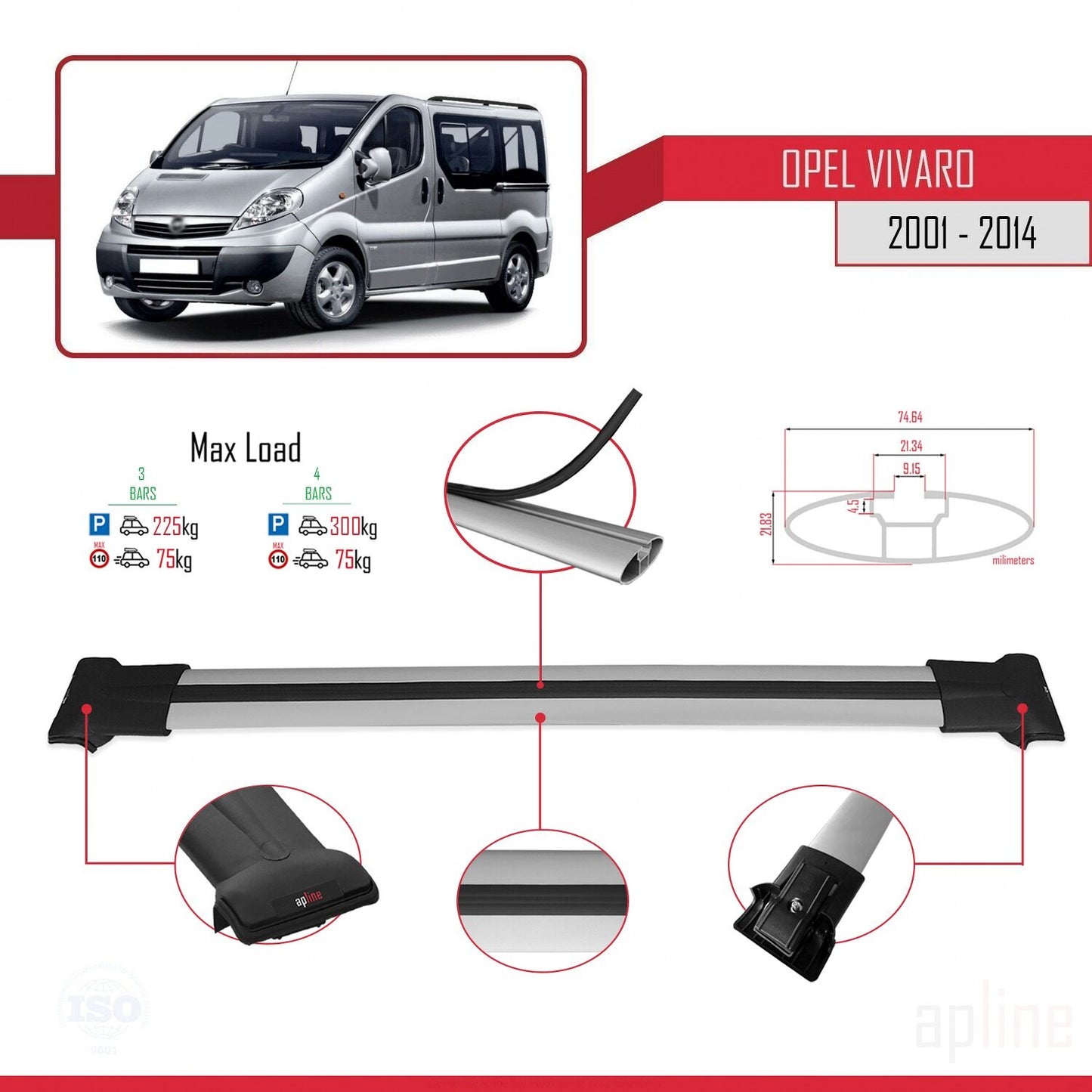 Compatible avec Opel Vivaro A 2001-2014 FLY Model Barres de Toit Railing Porte-Bagages de Voiture Gris Aluminium 4 Barres