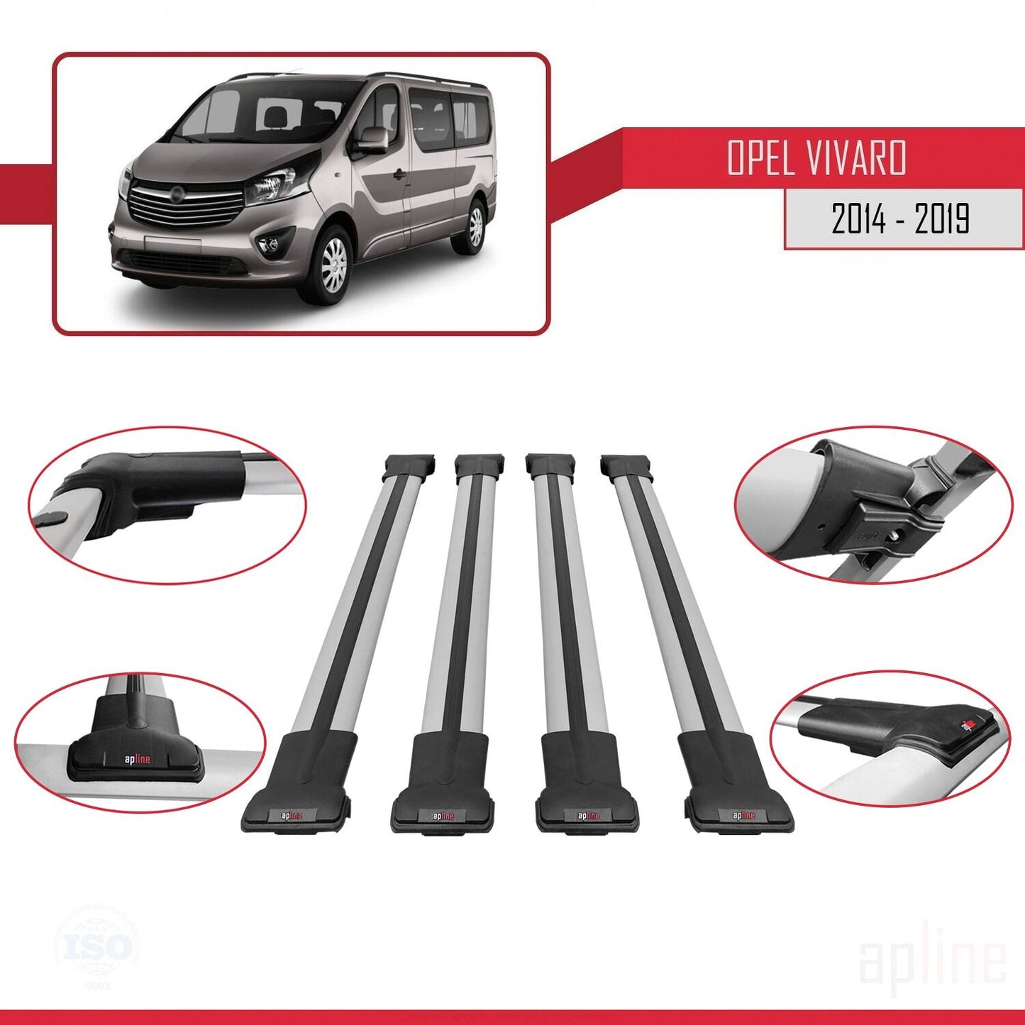 Compatible avec Opel Vivaro B 2014-2019 FLY Model Barres de Toit Railing Porte-Bagages de Voiture Gris Aluminium 4 Barres