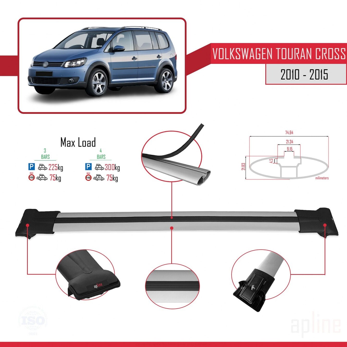 Compatible avec Volkswagen Touran Cross Post-Facelift 2010-2015 FLY Model Barres de Toit Railing Porte-Bagages de Voiture Gris Aluminium 3 Barres