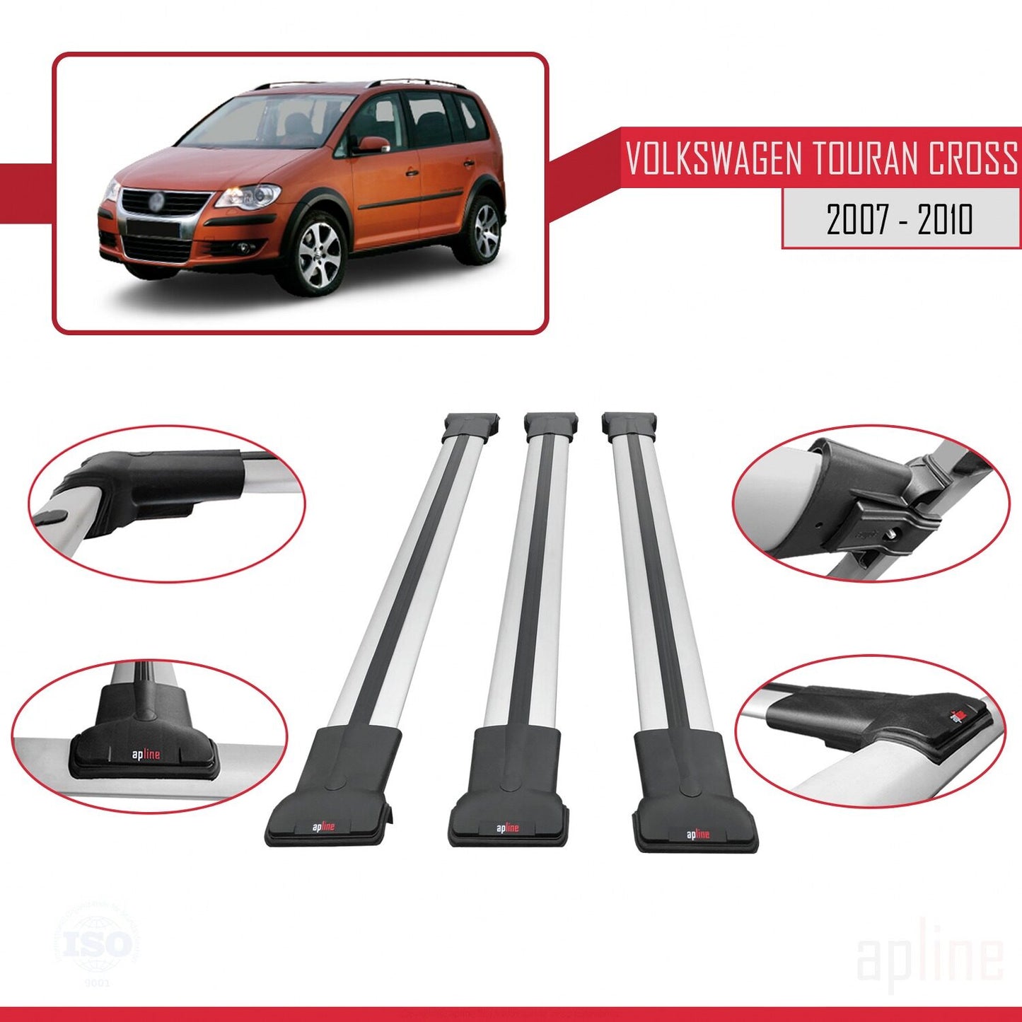 Compatible avec Volkswagen Touran Cross Pre-Facelift 2007-2010 FLY Model Barres de Toit Railing Porte-Bagages de Voiture Gris Aluminium 3 Barres