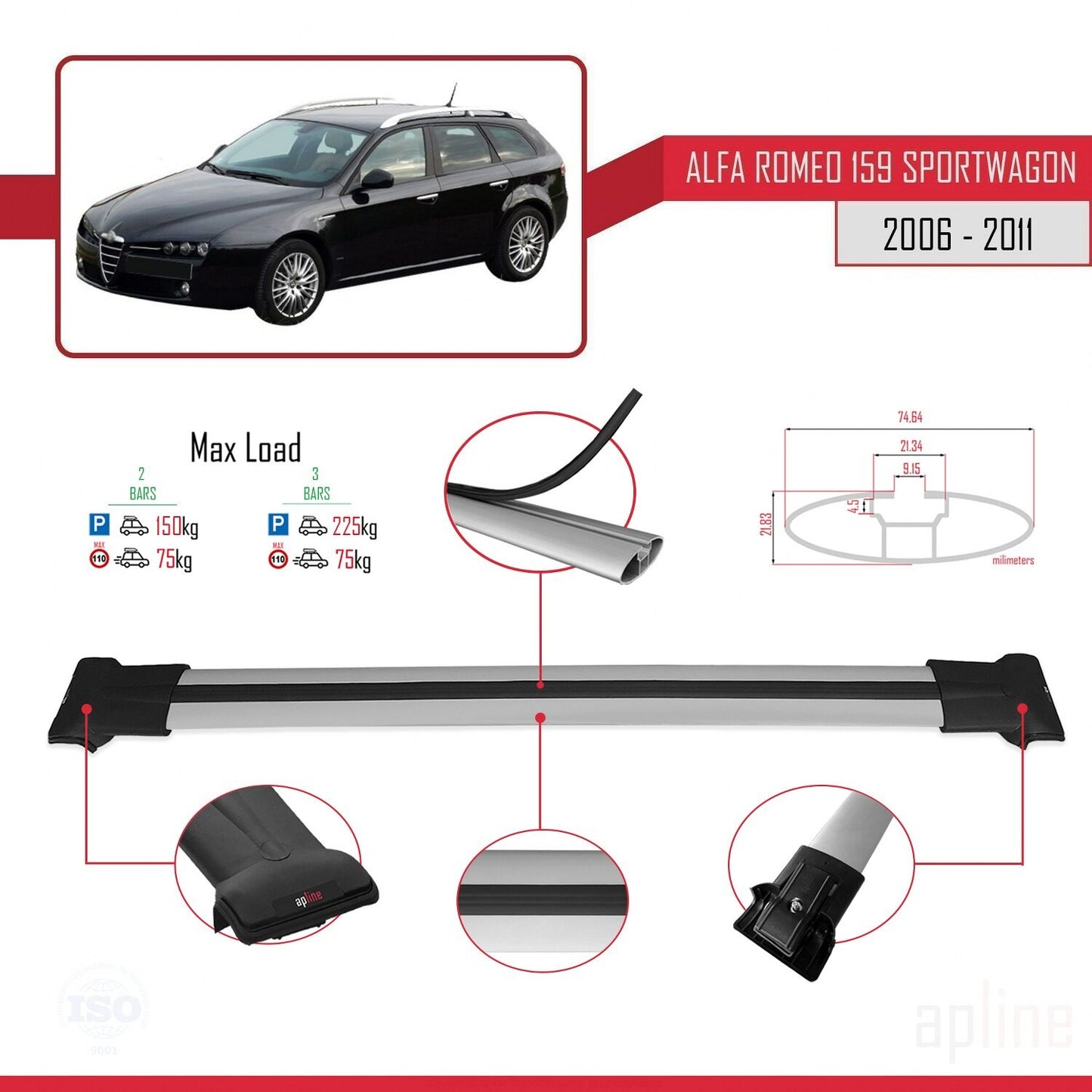 Compatible avec Alfa Romeo 159 (T939) Break 2006-2011 FLY Model Barres de Toit Railing Porte-Bagages de Voiture Gris Aluminium 2 Barres