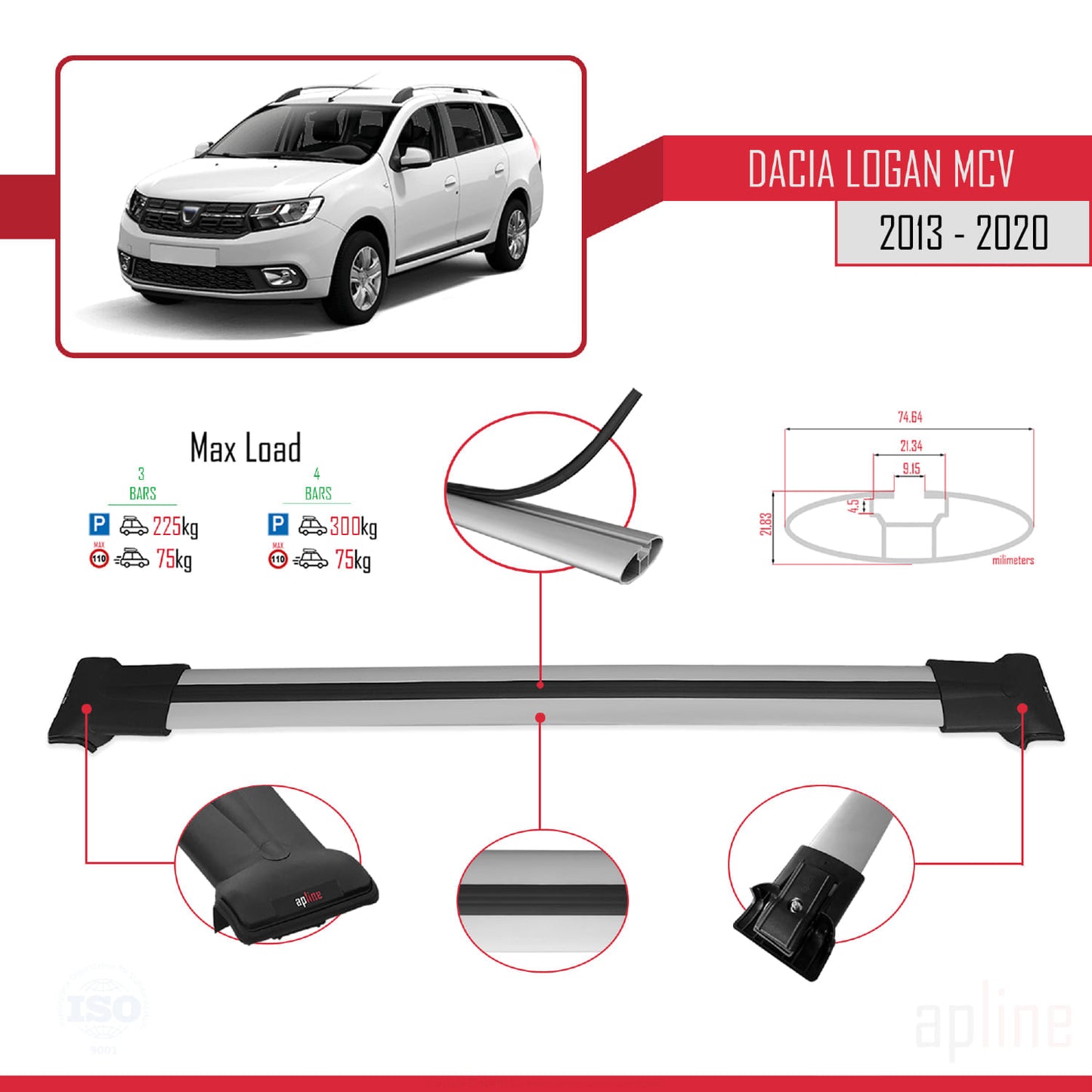 Compatible avec Dacia Logan 2 MCV (K52) 2013-2020 FLY Model Barres de Toit Railing Porte-Bagages de Voiture Gris Aluminium 3 Barres