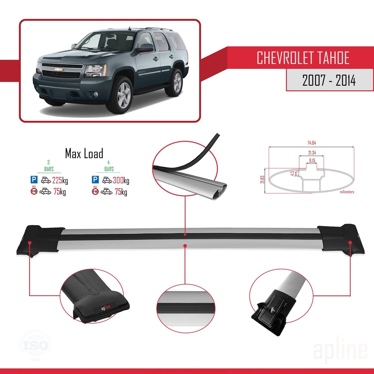 Compatible avec Chevrolet Tahoe 3 2007-2014 FLY Model Barres de Toit Railing Porte-Bagages de Voiture Gris Aluminium 3 Barres
