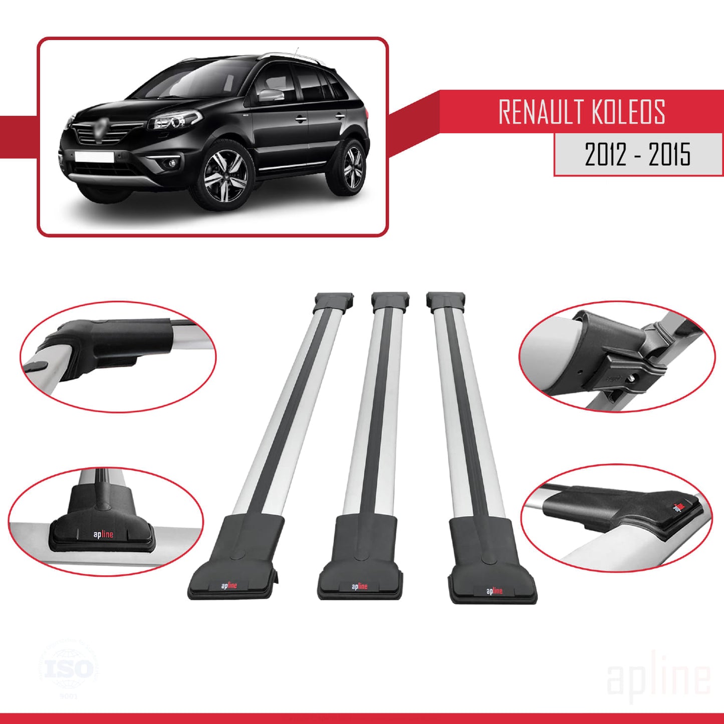 Compatible avec Renault Koleos (HY) Post-Facelift 2012-2015 FLY Model Barres de Toit Railing Porte-Bagages de Voiture Gris Aluminium 3 Barres