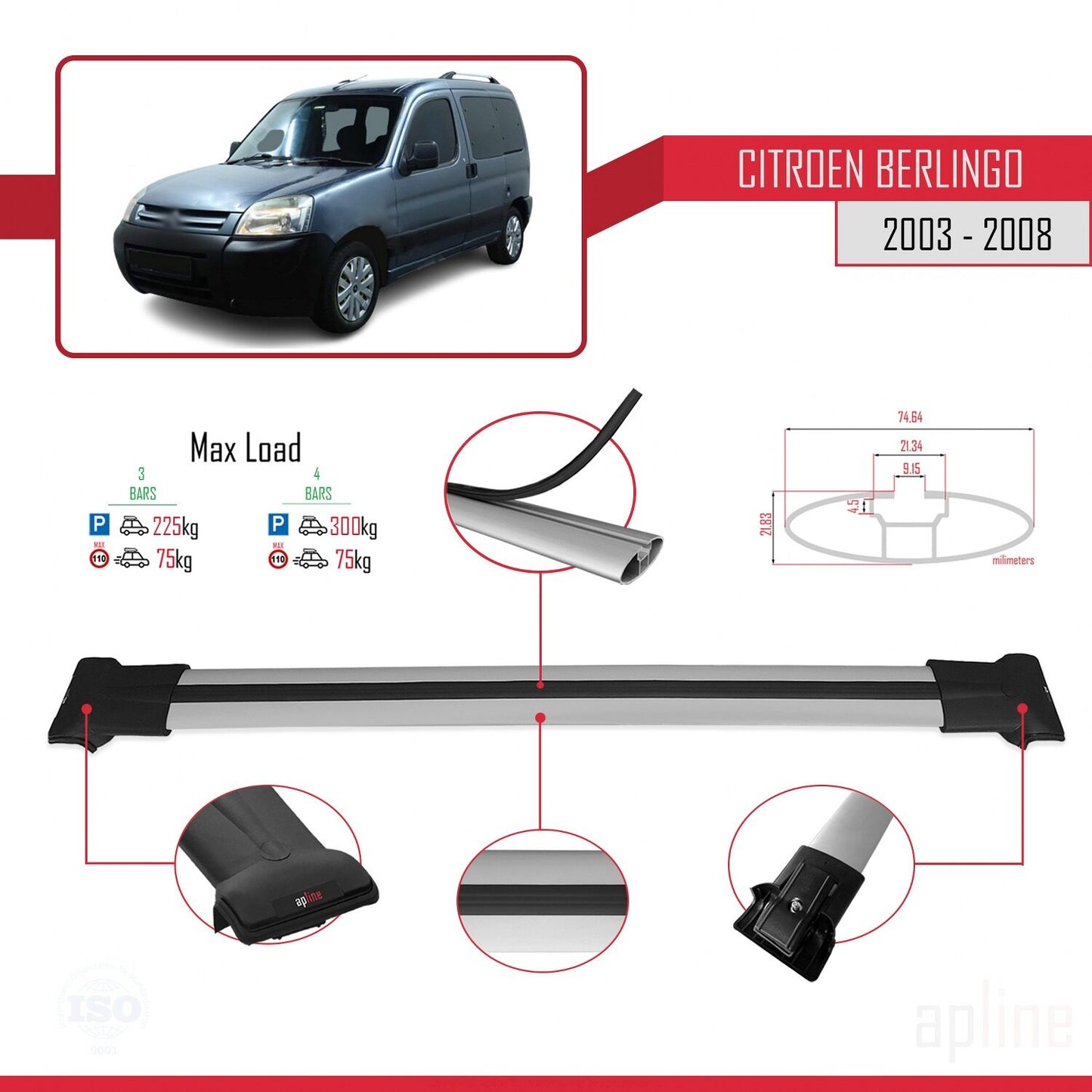 Compatible avec Citroen Berlingo (M59) 2003-2008 FLY Model Barres de Toit Railing Porte-Bagages de Voiture Gris Aluminium 3 Barres