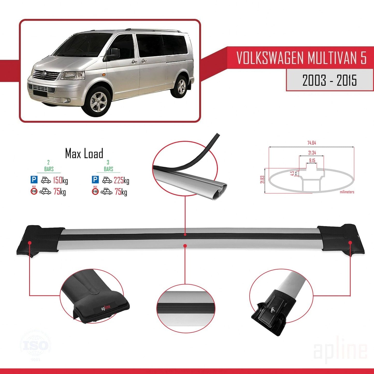 Compatible avec Volkswagen T5 Multivan 2003-2015 FLY Model Barres de Toit Railing Porte-Bagages de Voiture Gris Aluminium 2 Barres