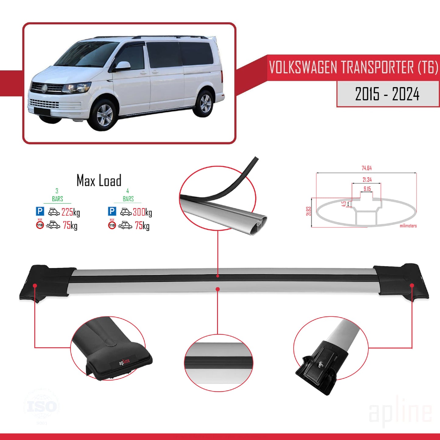 Compatible avec Volkswagen T6 Transporter 2015-2024 FLY Model Barres de Toit Railing Porte-Bagages de Voiture Gris Aluminium 4 Barres