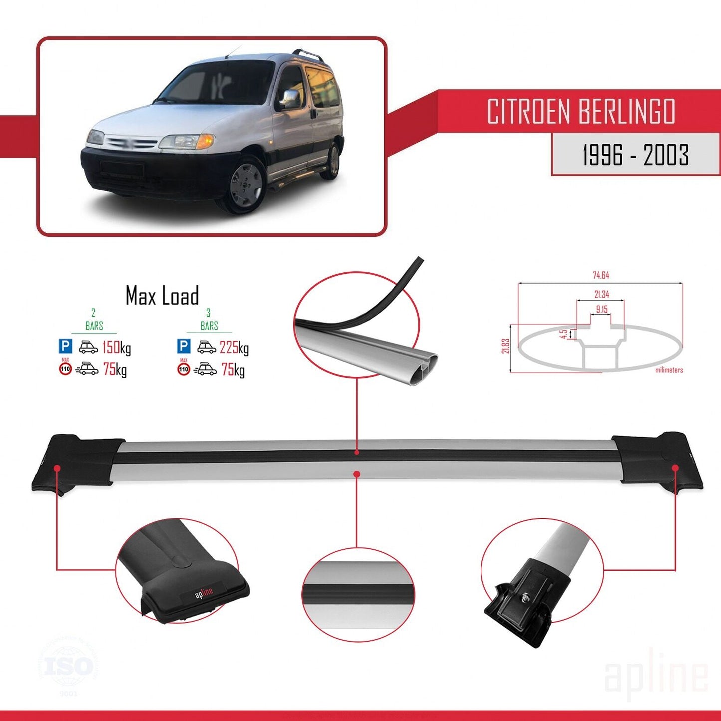 Compatible avec Citroen Berlingo (M49) 1996-2003 FLY Model Barres de Toit Railing Porte-Bagages de Voiture Gris Aluminium 2 Barres