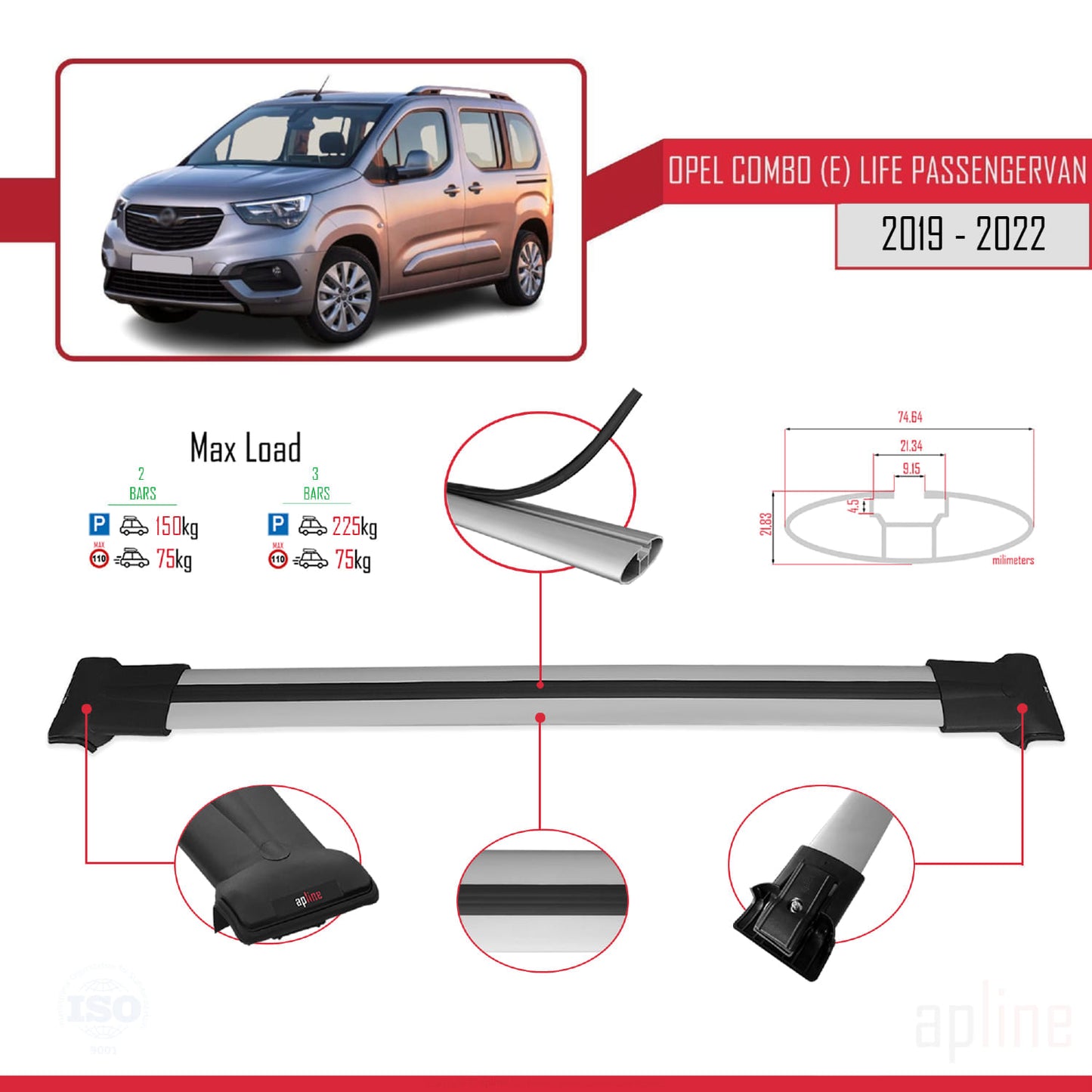 Compatible avec Opel Combo E Life 2019-2022 FLY Model Barres de Toit Railing Porte-Bagages de Voiture Gris Aluminium 2 Barres