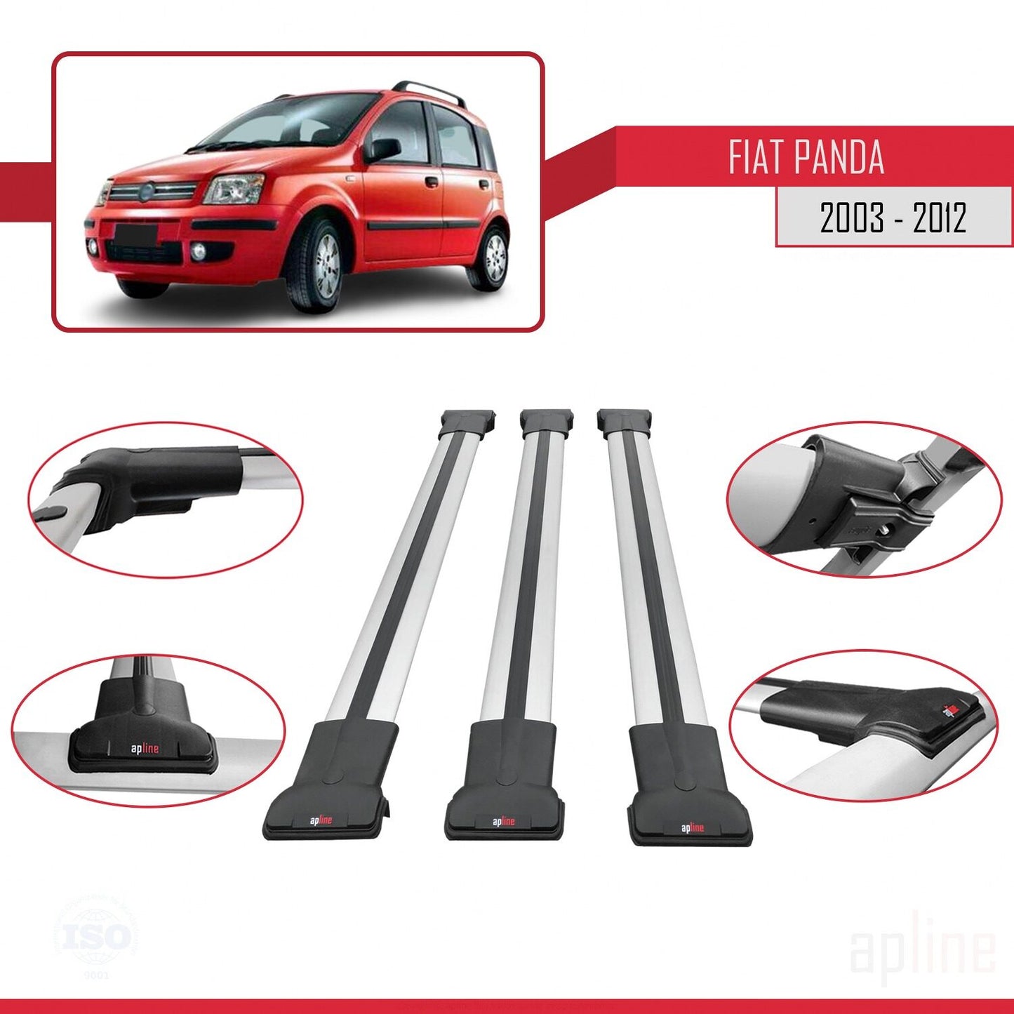 Compatible avec Fiat Panda 2 (169) 2003-2012 FLY Model Barres de Toit Railing Porte-Bagages de Voiture Gris Aluminium 3 Barres