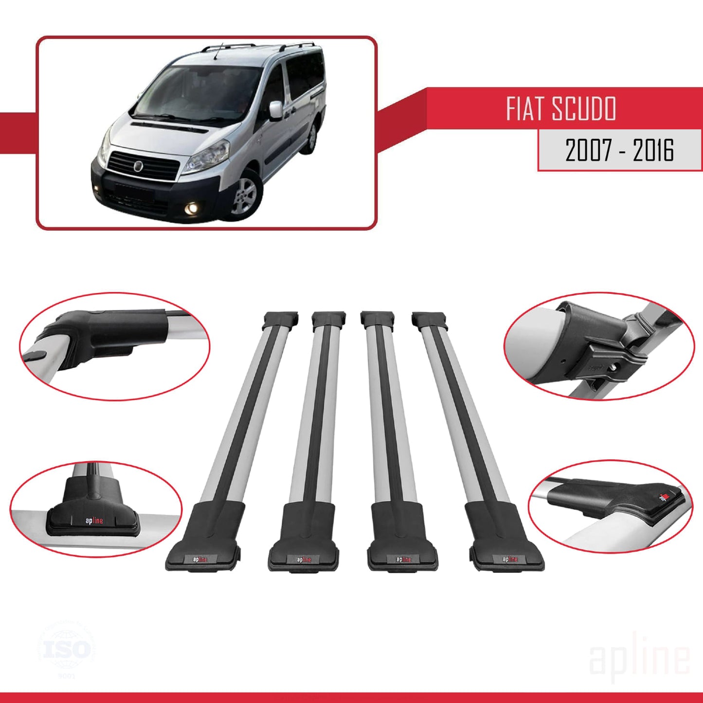 Compatible avec Fiat Scudo 2 2007-2016 FLY Model Barres de Toit Railing Porte-Bagages de Voiture Gris Aluminium 4 Barres